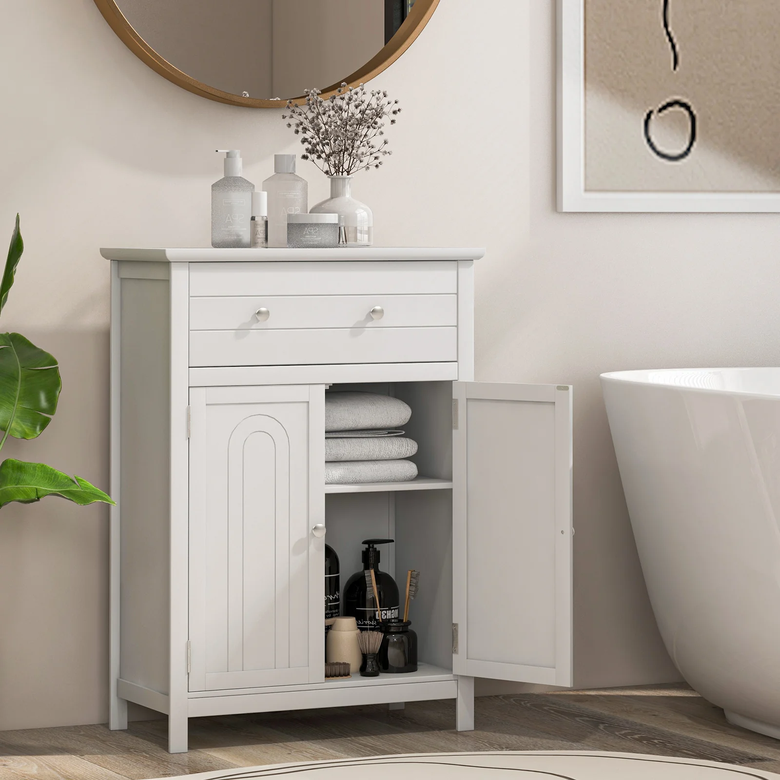 Free Standing Bathroom Storage Cabinet With Large Drawer, White - Image 2