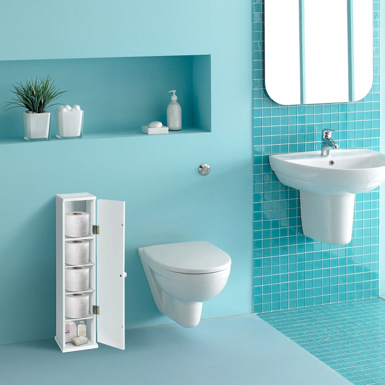 Free Standing Toilet Paper Holder, 4 Shelves With Top Slot, White - Image 3