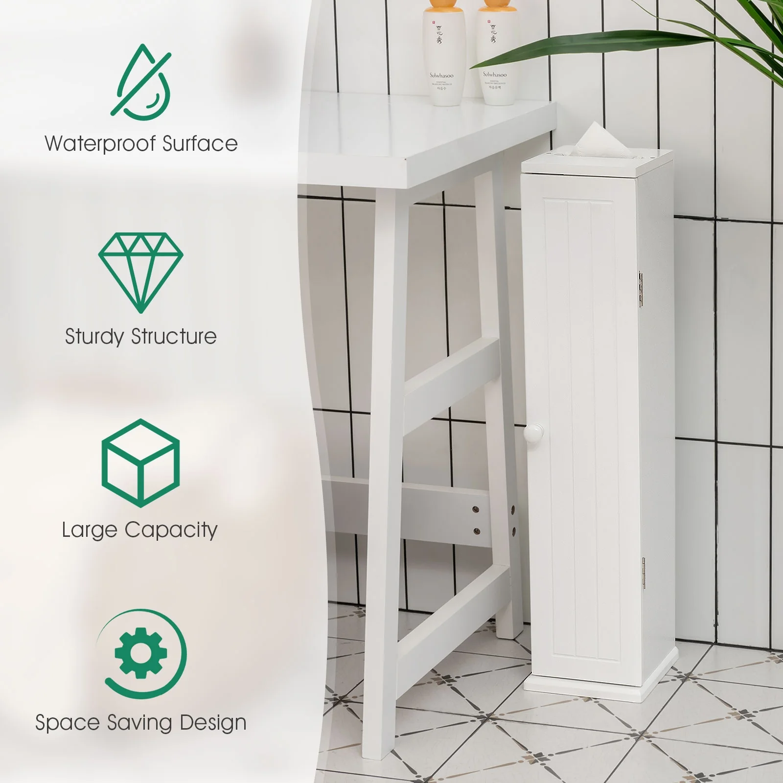 Free Standing Toilet Paper Holder, 4 Shelves With Top Slot, White - Image 8