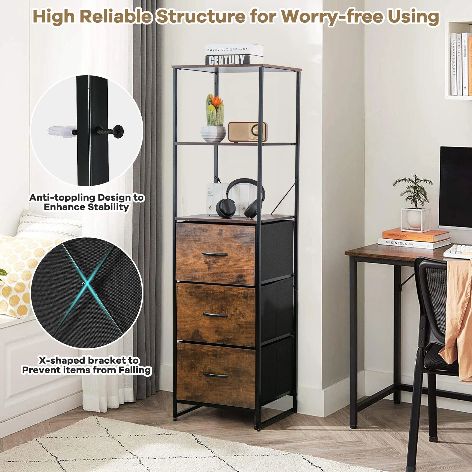 Freestanding 3 Drawer Dresser With 3 Shelves, Brown - Image 10
