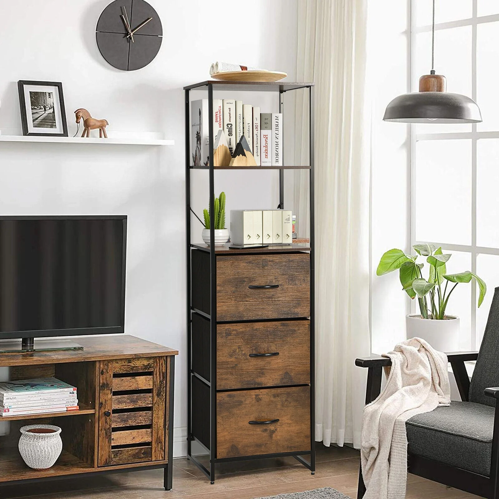Freestanding 3 Drawer Dresser With 3 Shelves, Brown - Image 3