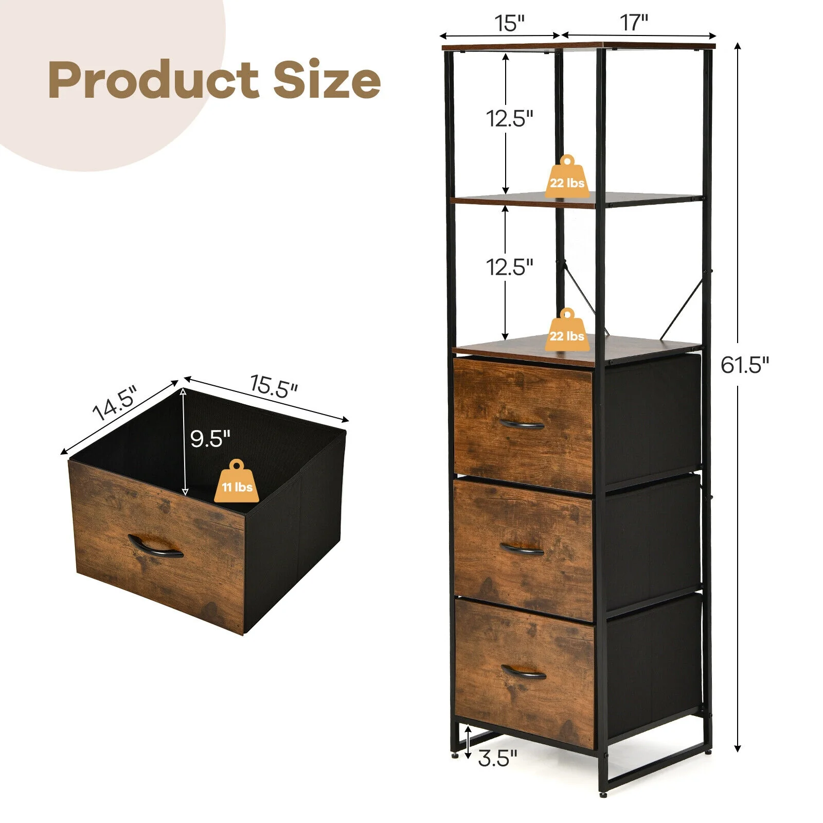 Freestanding 3 Drawer Dresser With 3 Shelves, Brown - Image 6