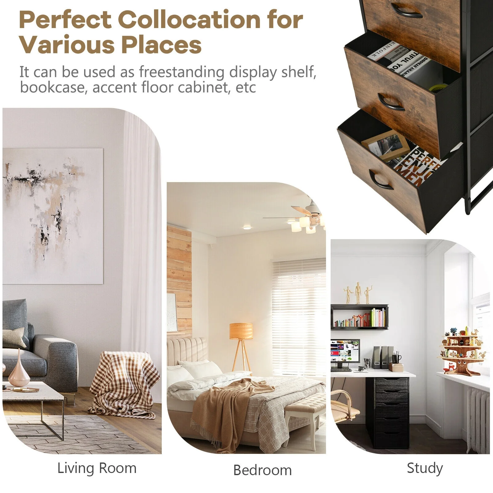 Freestanding 3 Drawer Dresser With 3 Shelves, Brown - Image 8