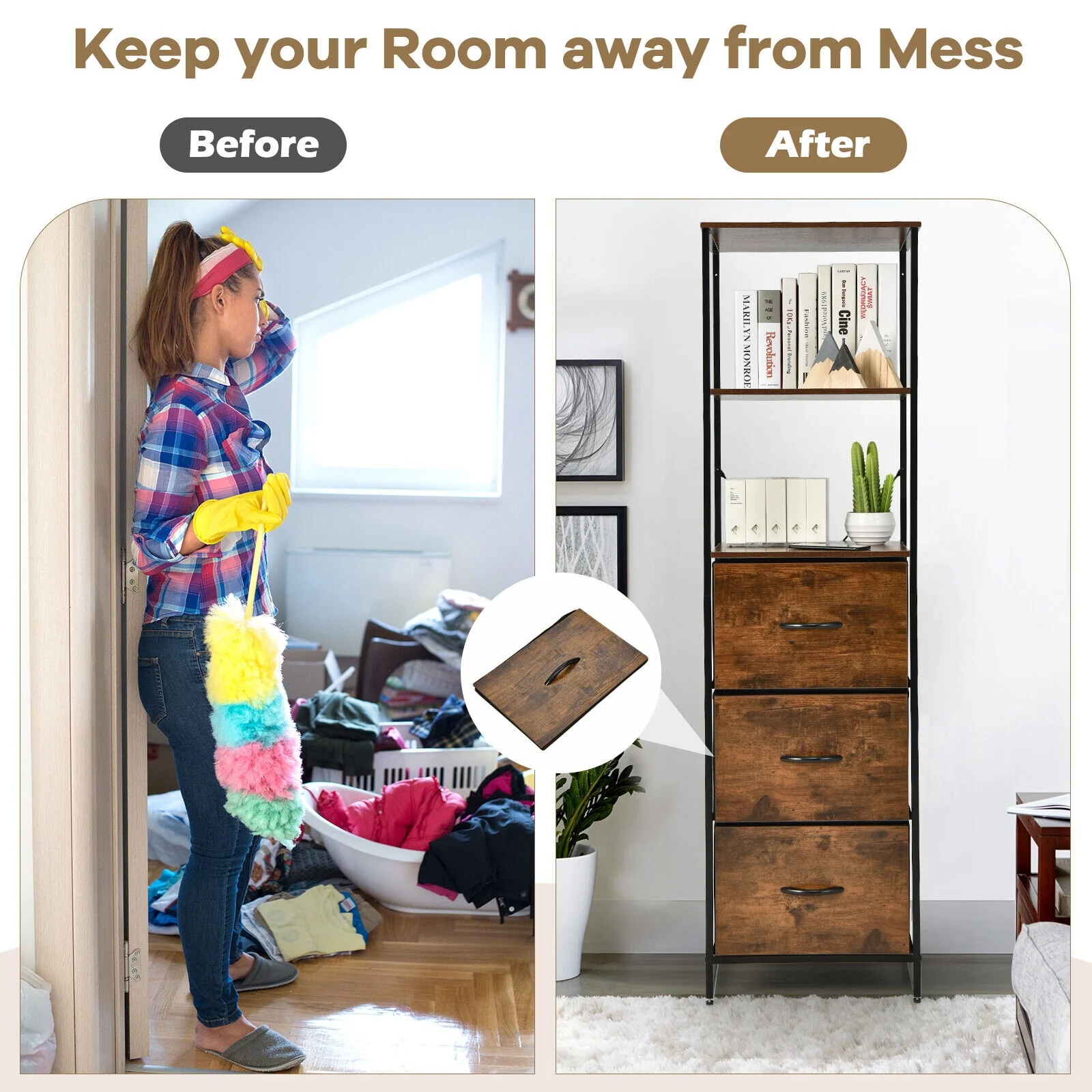 Freestanding 3 Drawer Dresser With 3 Shelves, Brown - Image 9