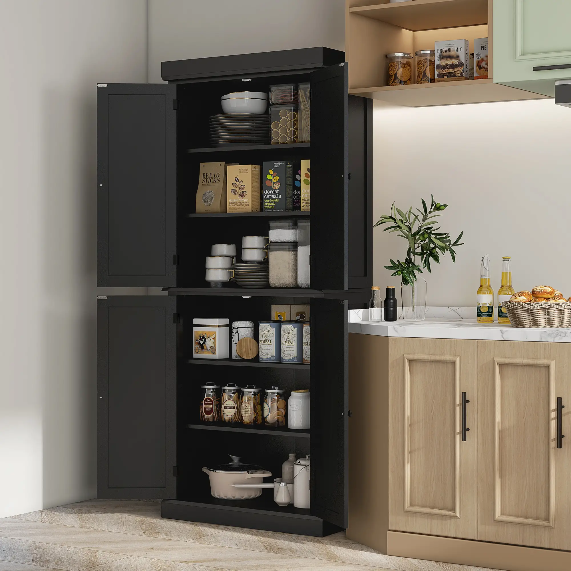 72.5" Freestanding Kitchen Pantry Cabinet with 4 Doors, Black - Image 2
