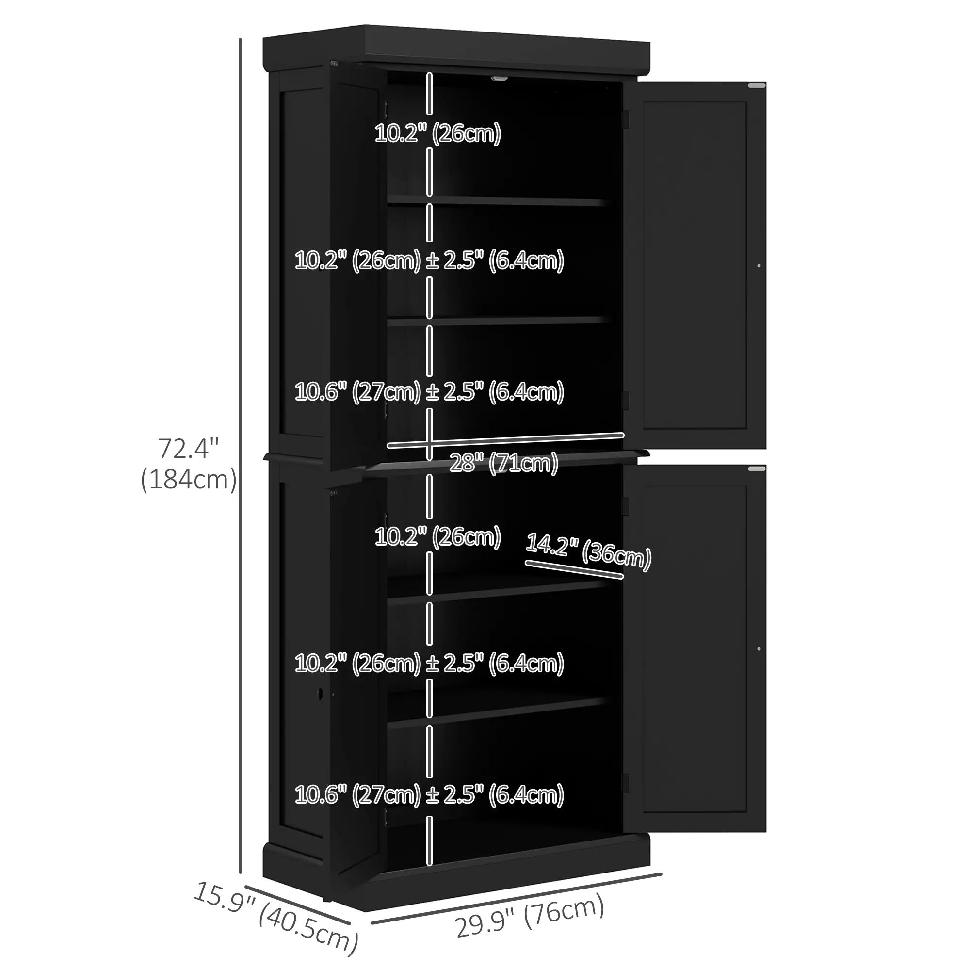 72.5" Freestanding Kitchen Pantry Cabinet with 4 Doors, Black - Image 3