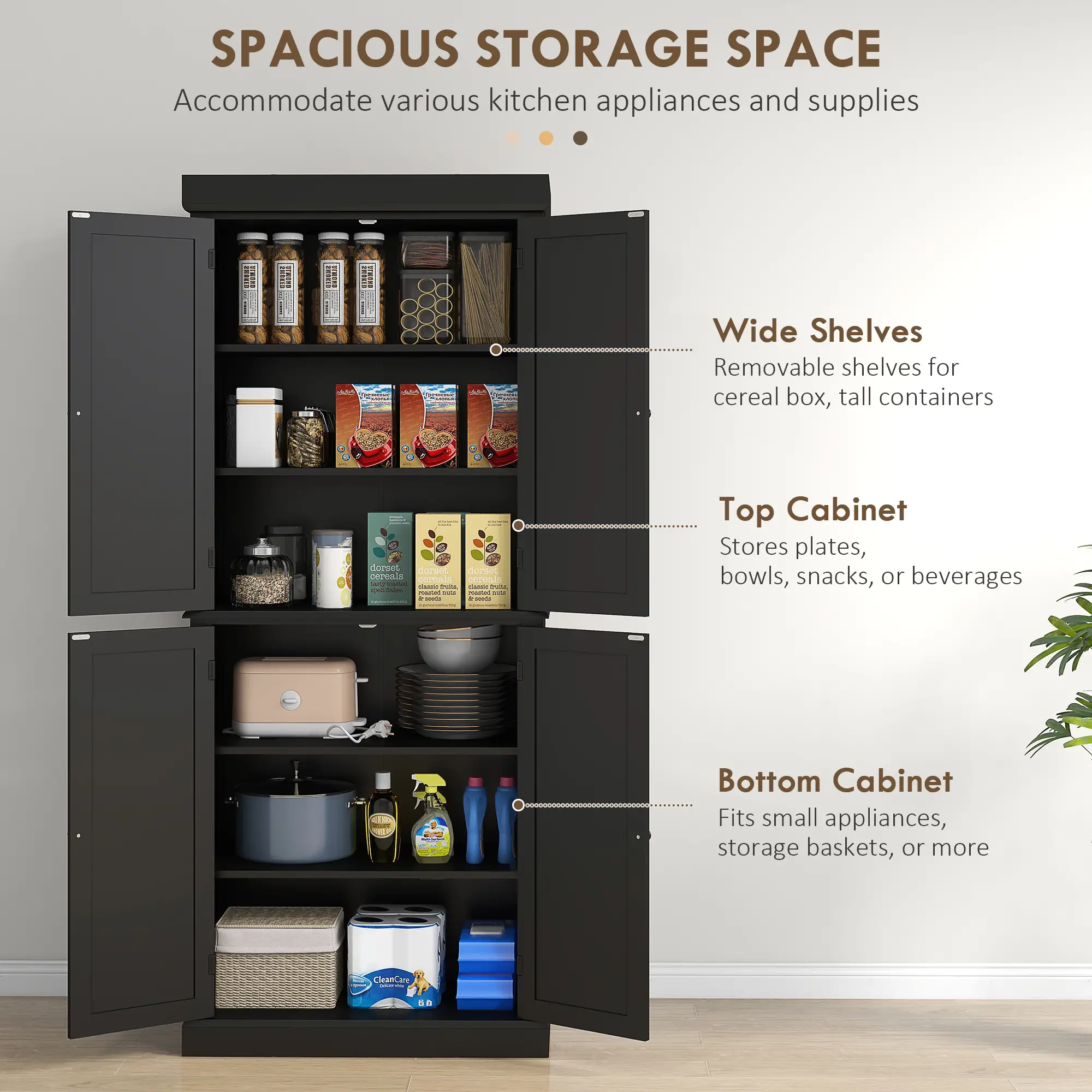 72.5" Freestanding Kitchen Pantry Cabinet with 4 Doors, Black - Image 4