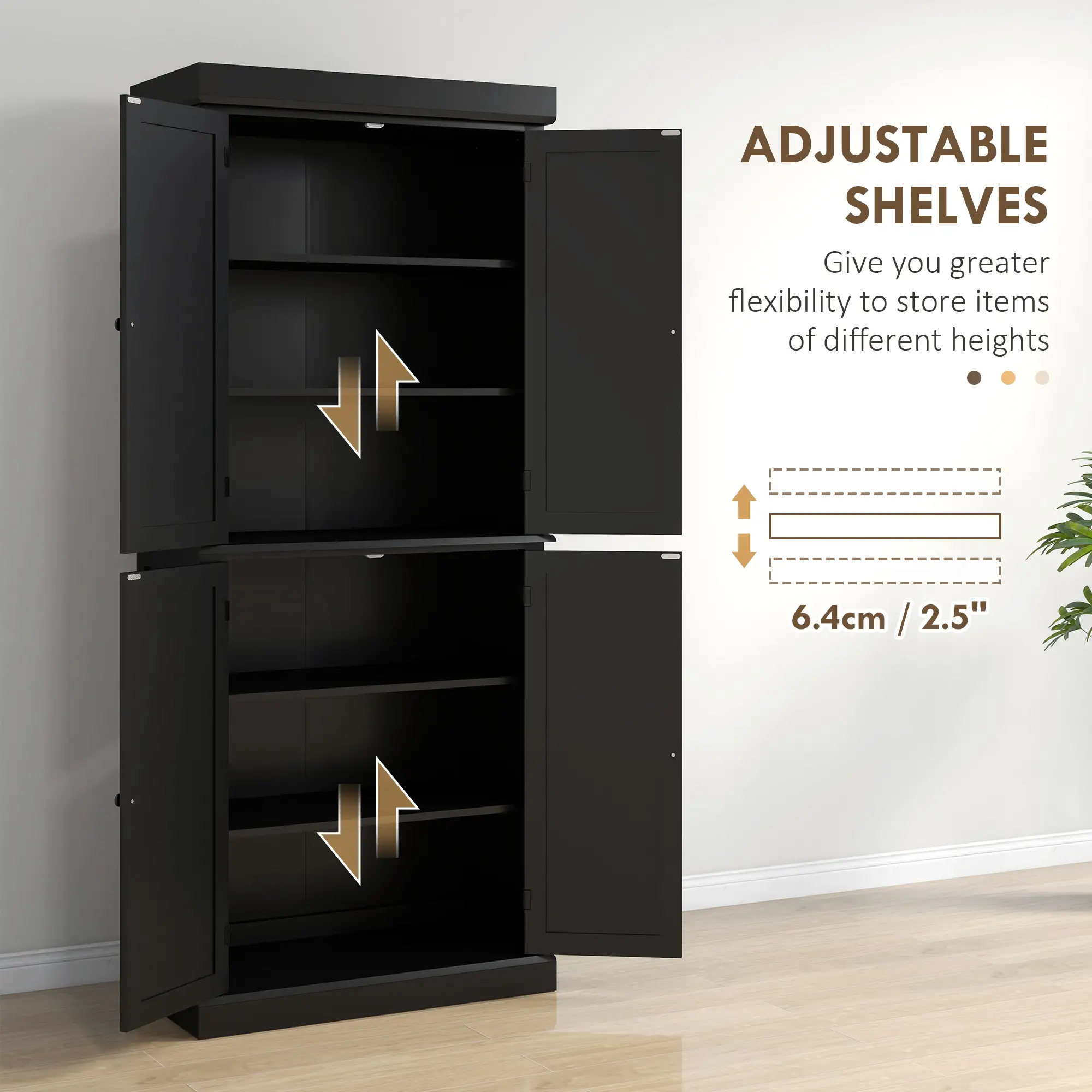 72.5" Freestanding Kitchen Pantry Cabinet with 4 Doors, Black - Image 5