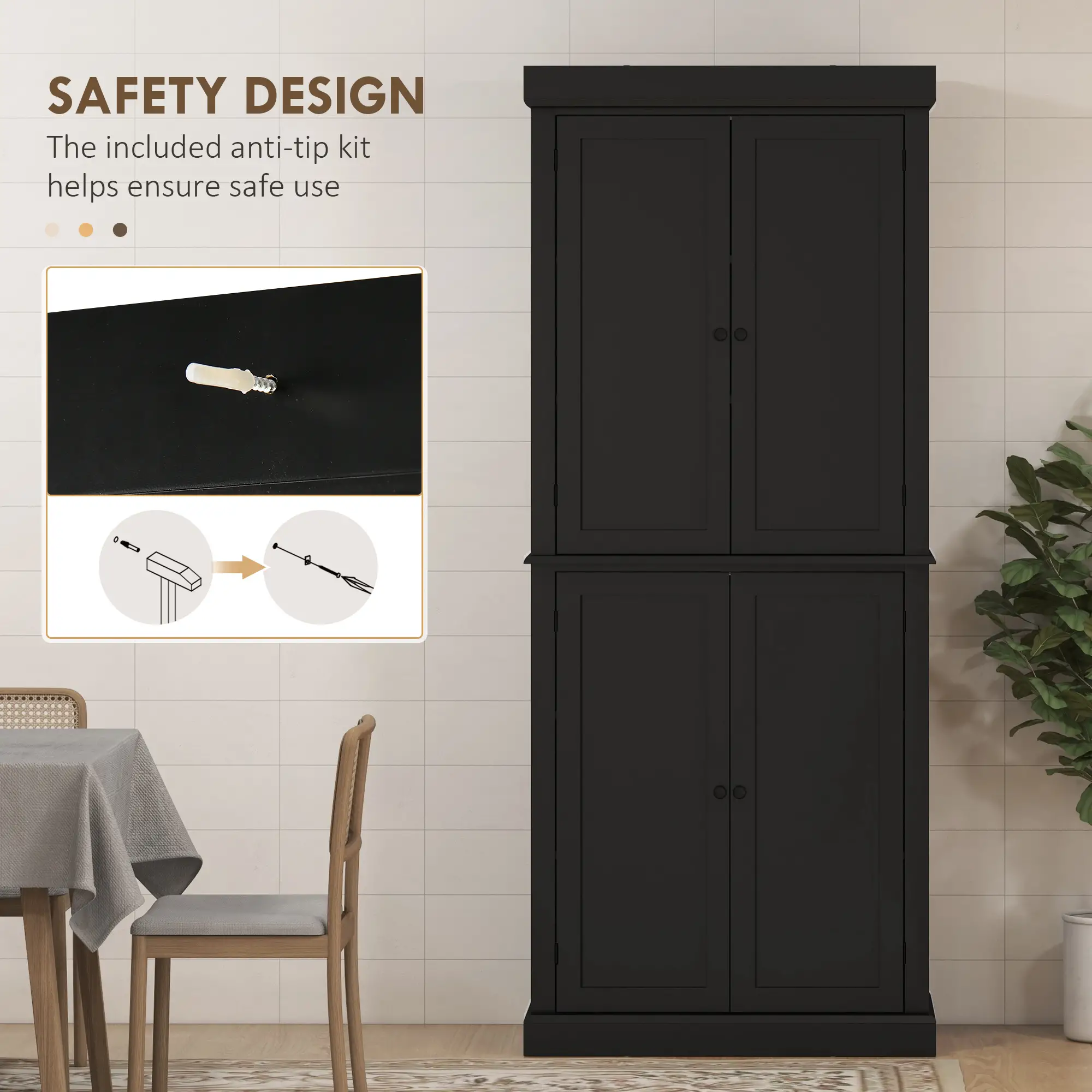 72.5" Freestanding Kitchen Pantry Cabinet with 4 Doors, Black - Image 6