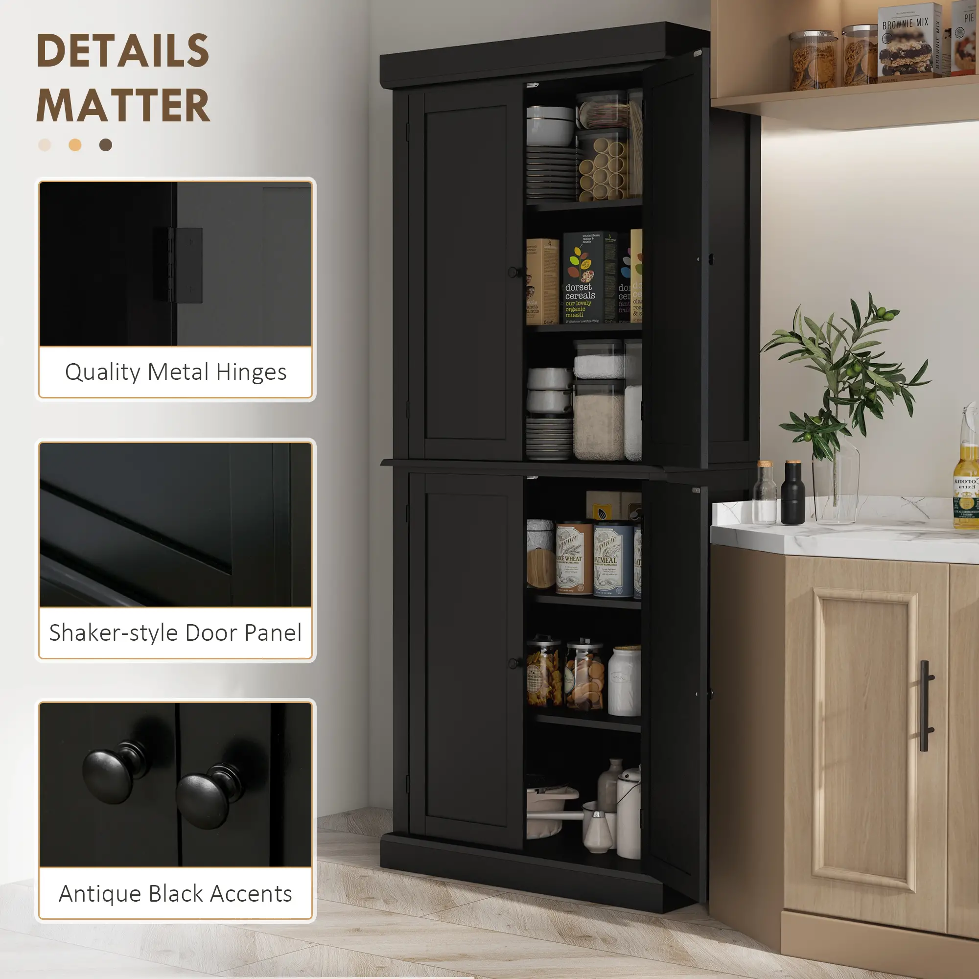 72.5" Freestanding Kitchen Pantry Cabinet with 4 Doors, Black - Image 7