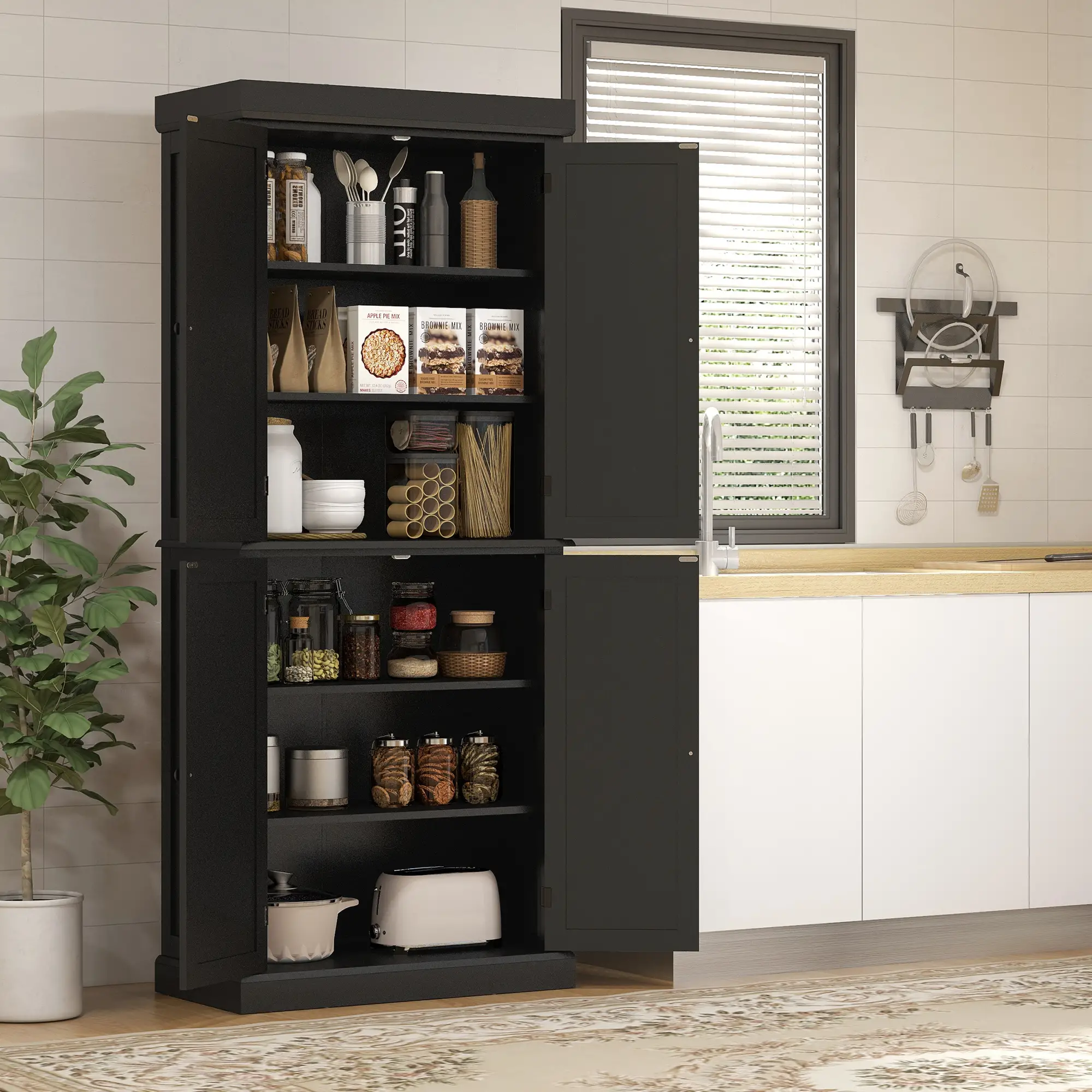 72.5" Freestanding Kitchen Pantry Cabinet with 4 Doors, Black - Image 8