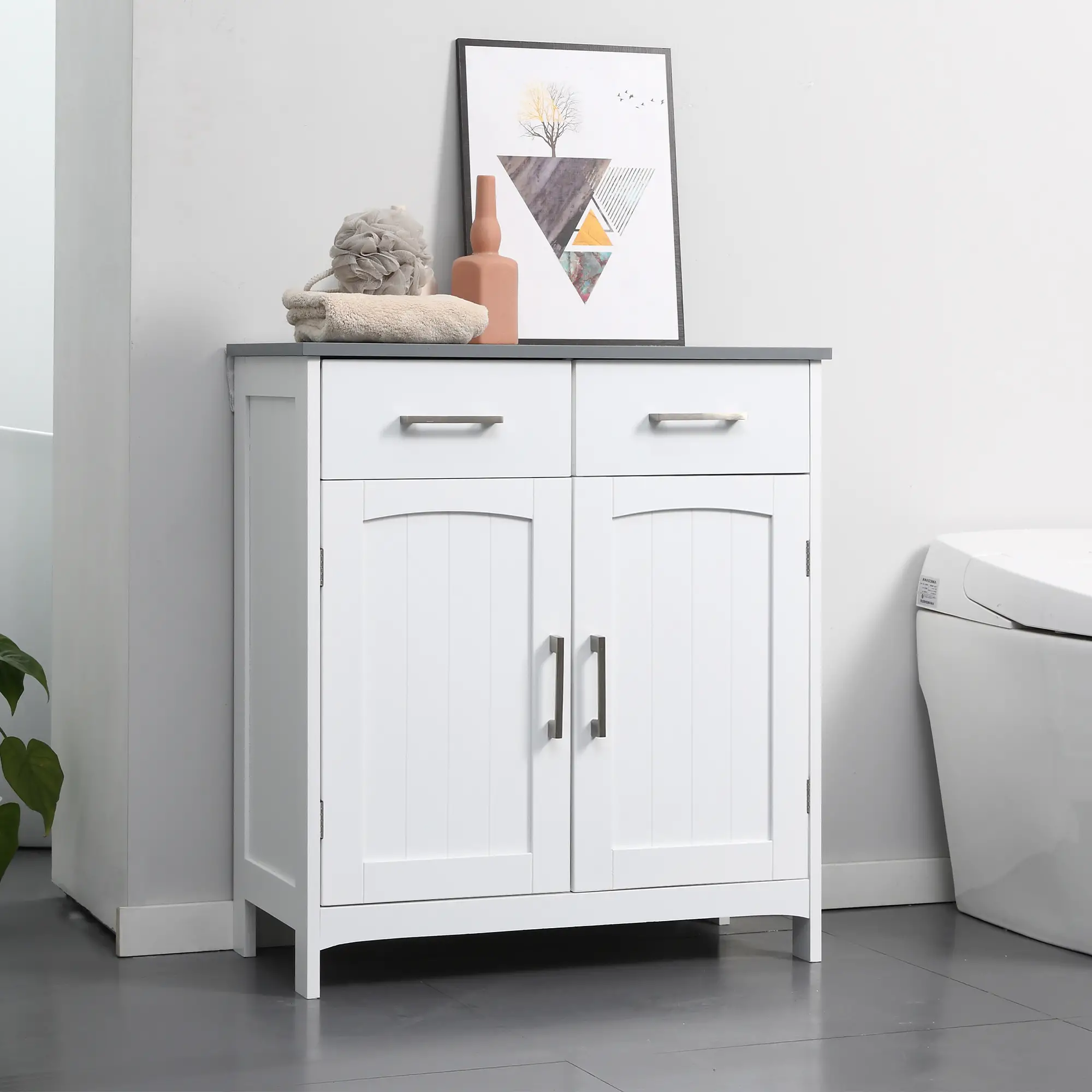 Freestanding Bathroom Cabinet, 2 Drawers, Double Doors, Adjustable Shelf, White - Image 2