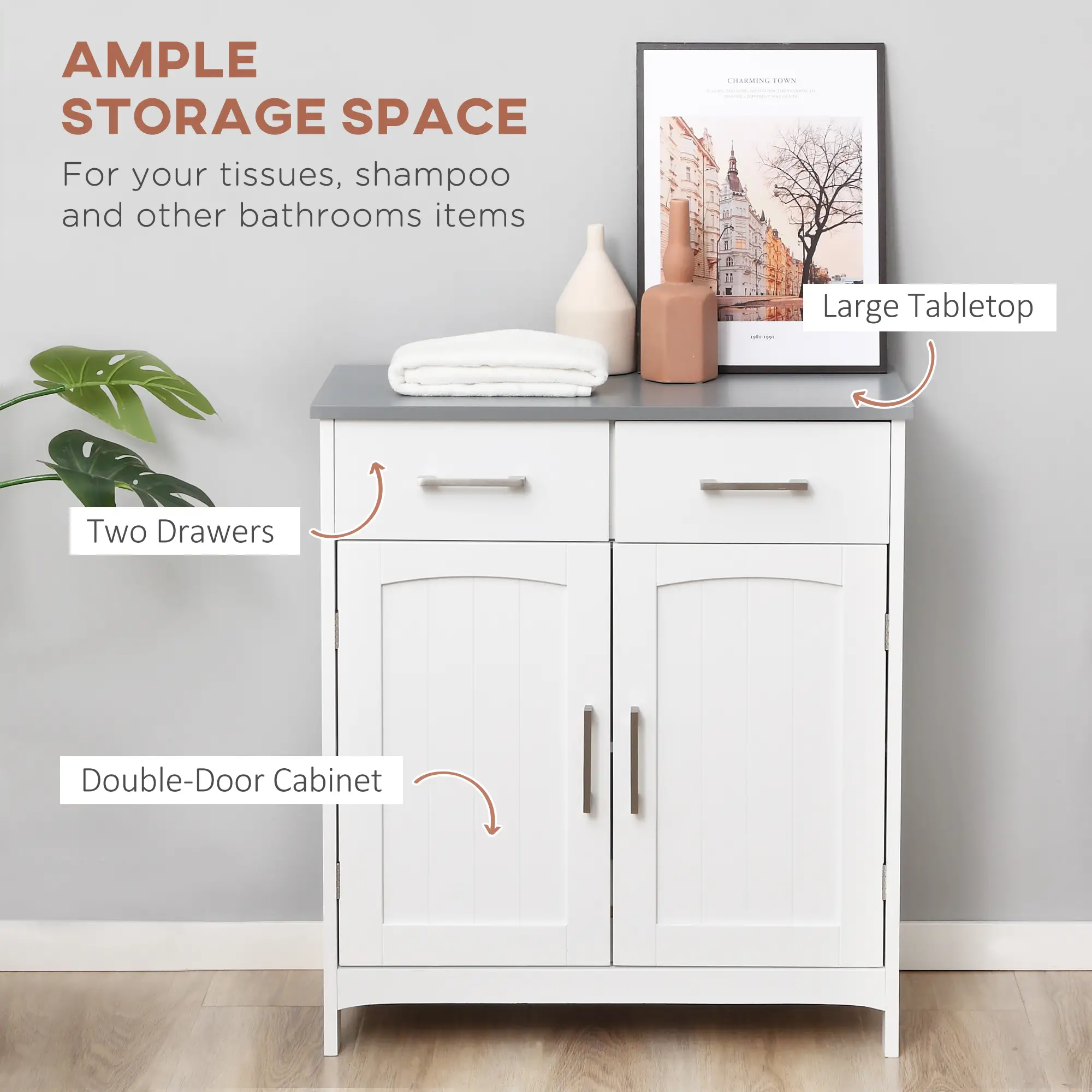 Freestanding Bathroom Cabinet, 2 Drawers, Double Doors, Adjustable Shelf, White - Image 4