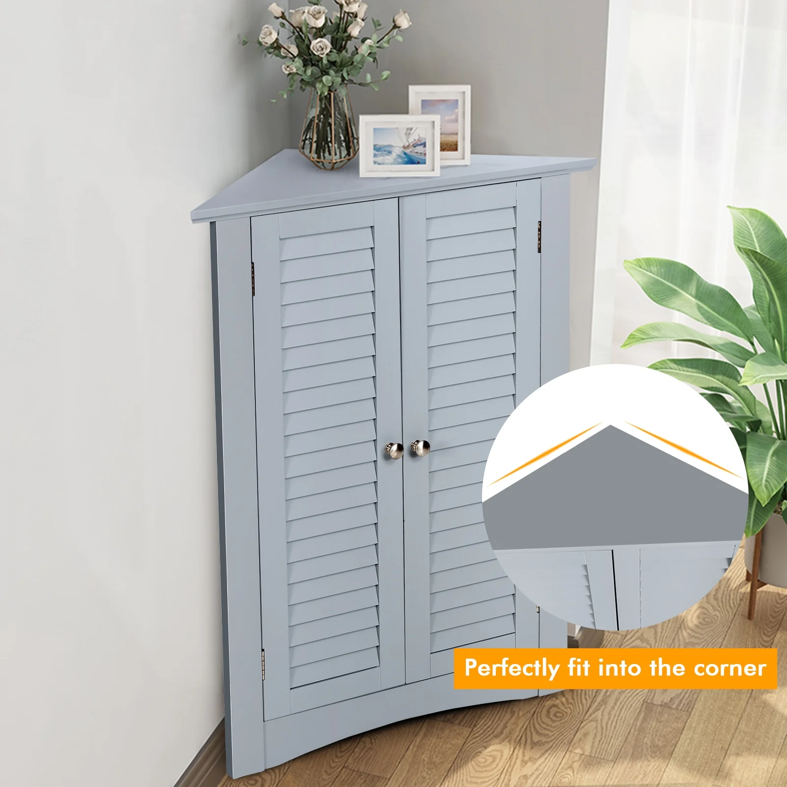 Freestanding Bathroom Corner Cabinet, Shutter Door, Gray - Image 10