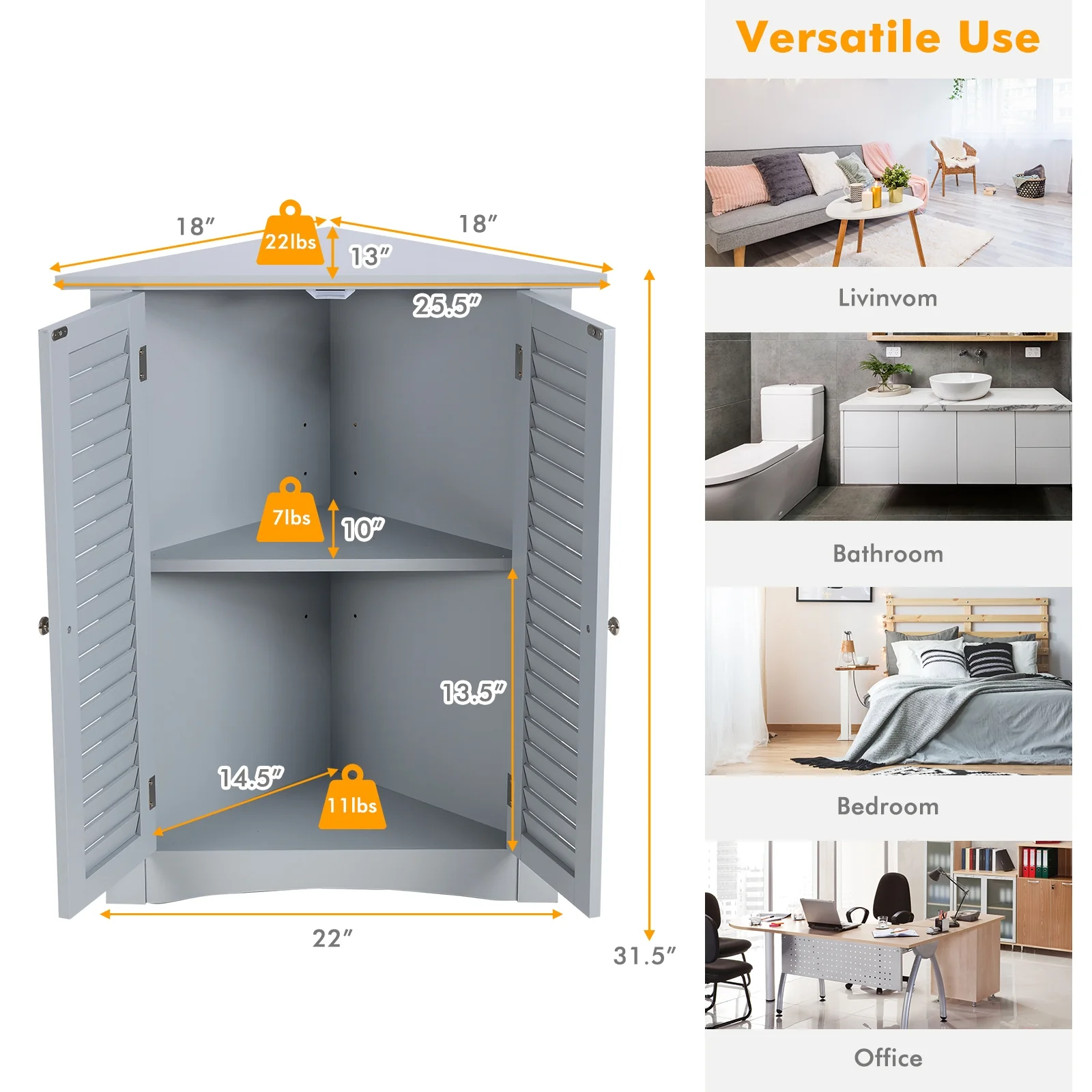 Freestanding Bathroom Corner Cabinet, Shutter Door, Gray - Image 5