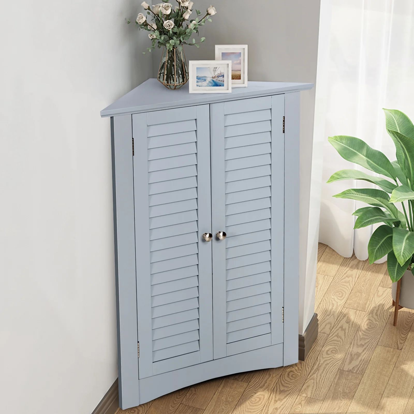 Freestanding Bathroom Corner Cabinet, Shutter Door, Gray - Image 7