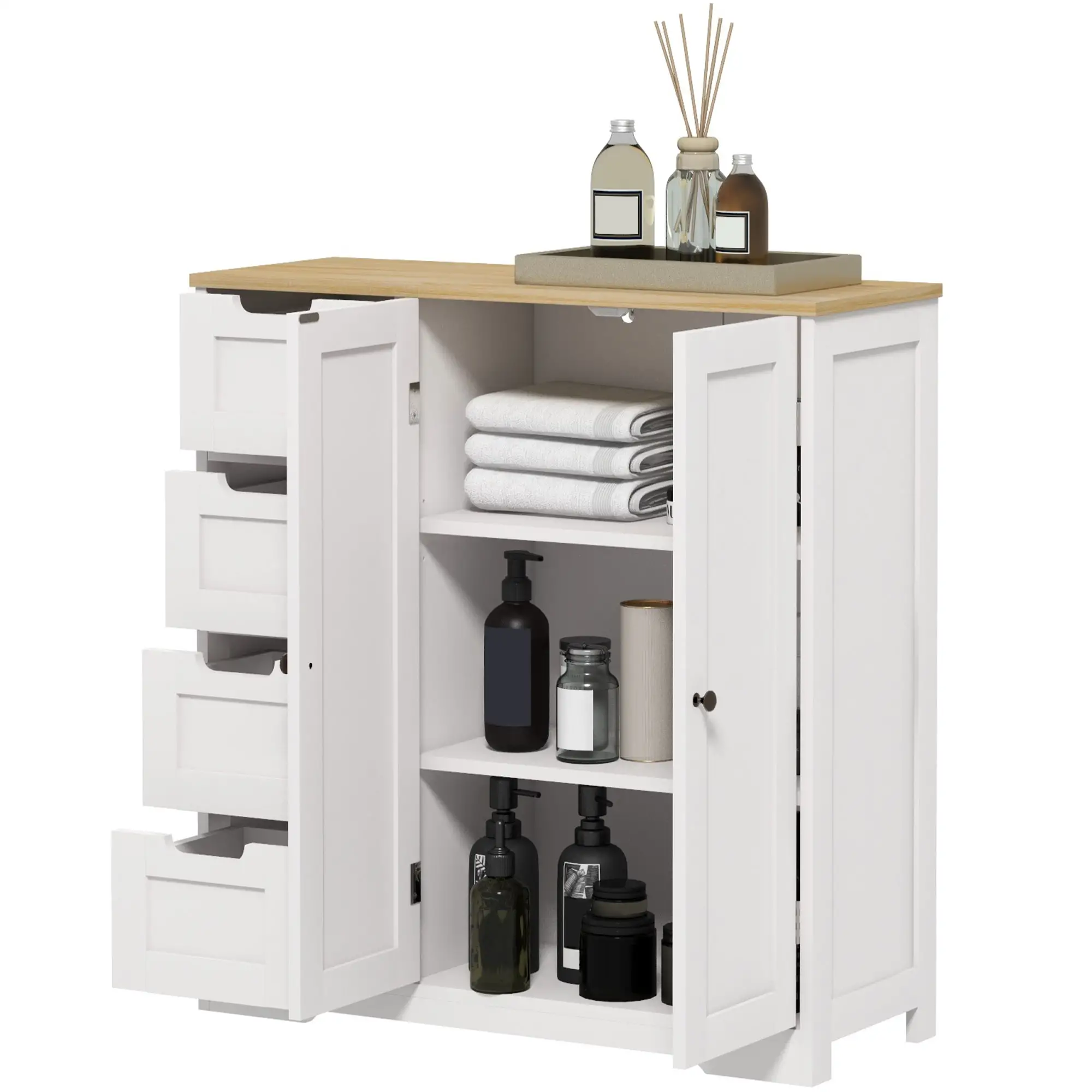 Freestanding Bathroom Floor Cabinet, Adjustable Shelf, 4 Drawers, 2 Doors, White