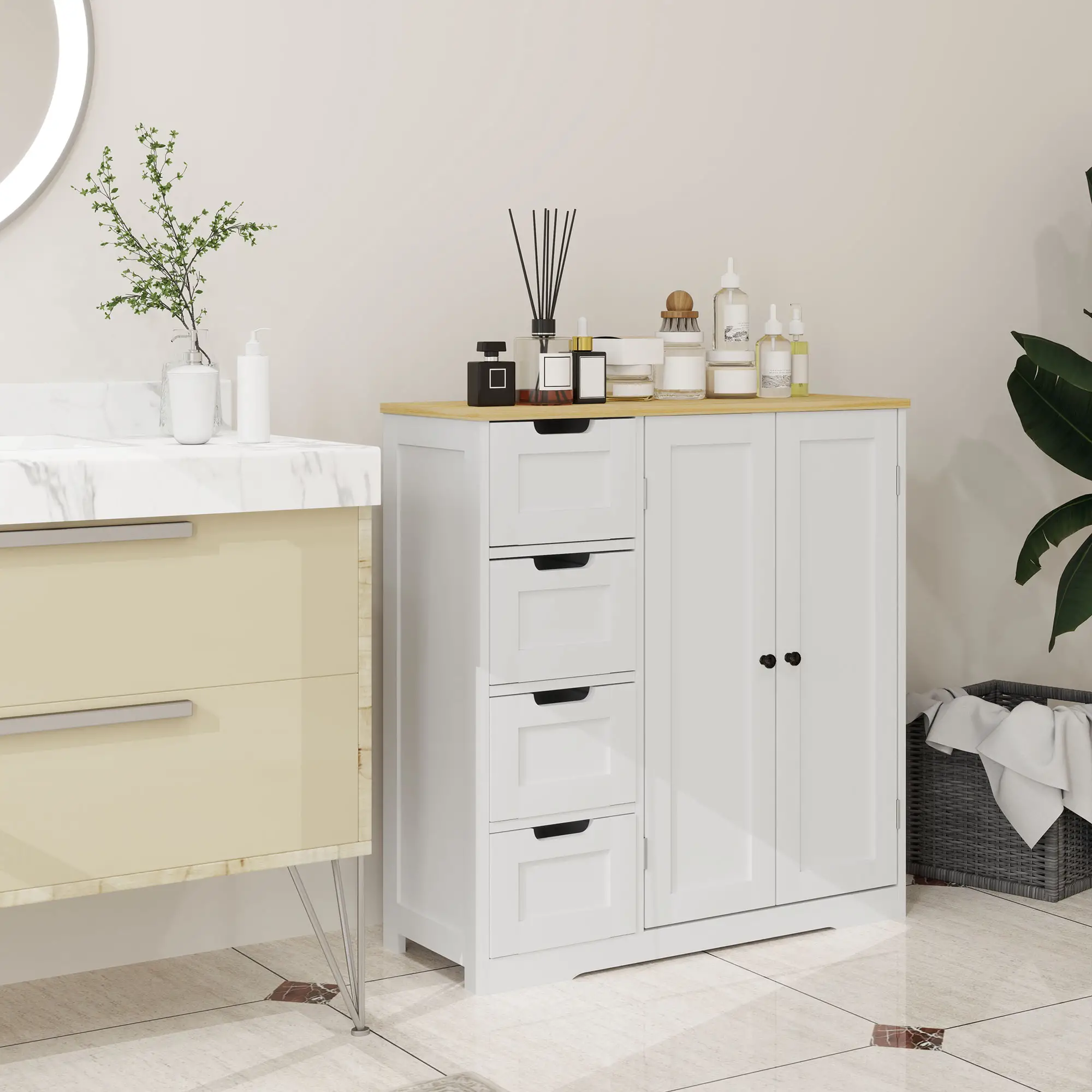 Freestanding Bathroom Floor Cabinet, Adjustable Shelf, 4 Drawers, 2 Doors, White - Image 2