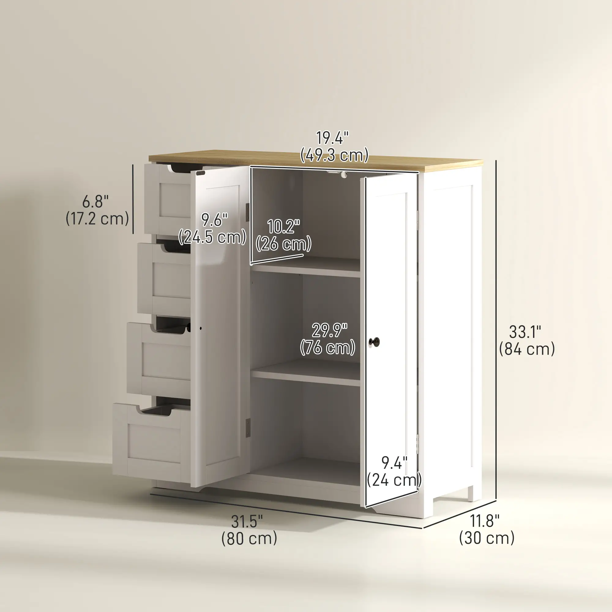 Freestanding Bathroom Floor Cabinet, Adjustable Shelf, 4 Drawers, 2 Doors, White - Image 3