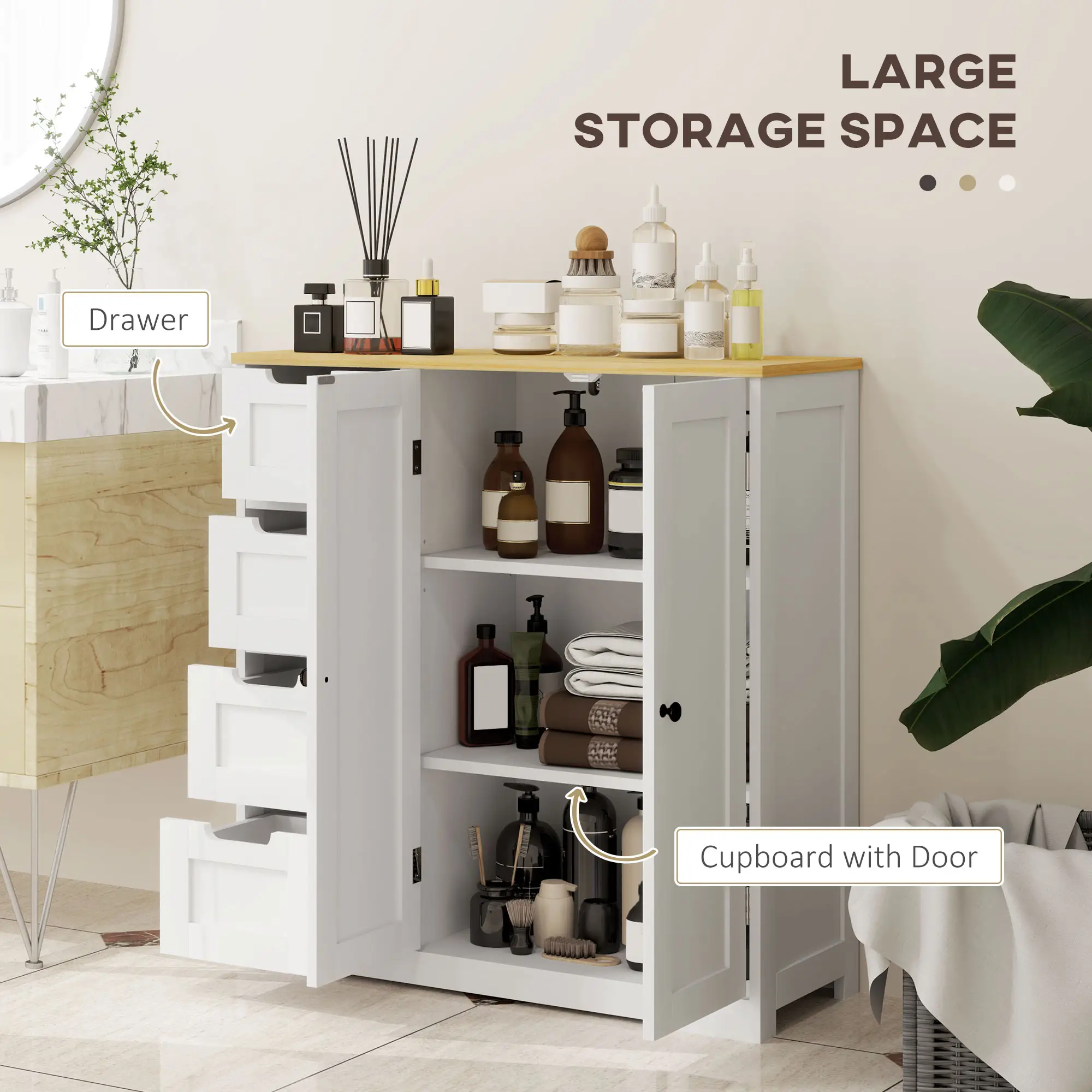 Freestanding Bathroom Floor Cabinet, Adjustable Shelf, 4 Drawers, 2 Doors, White - Image 4