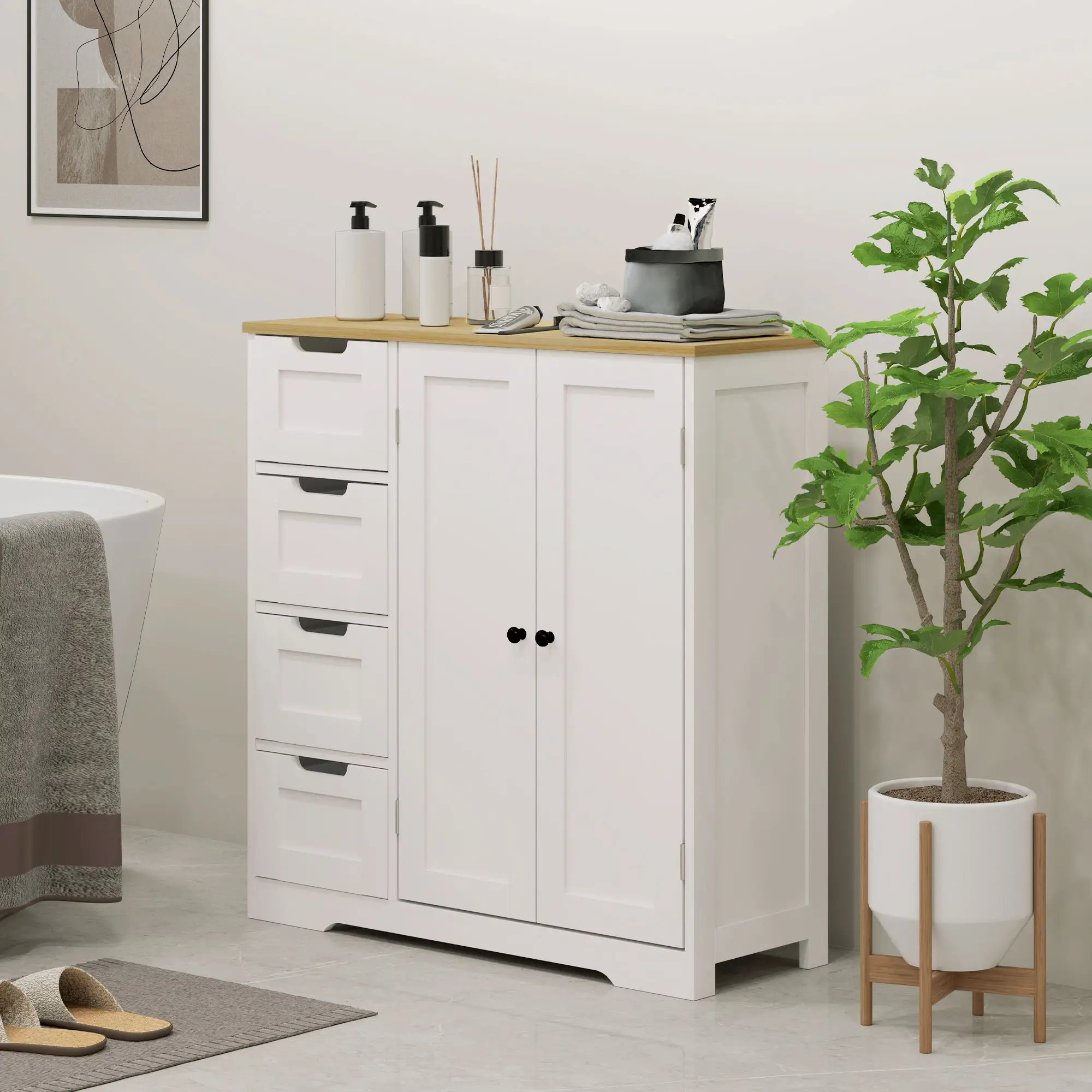 Freestanding Bathroom Floor Cabinet, Adjustable Shelf, 4 Drawers, 2 Doors, White - Image 8