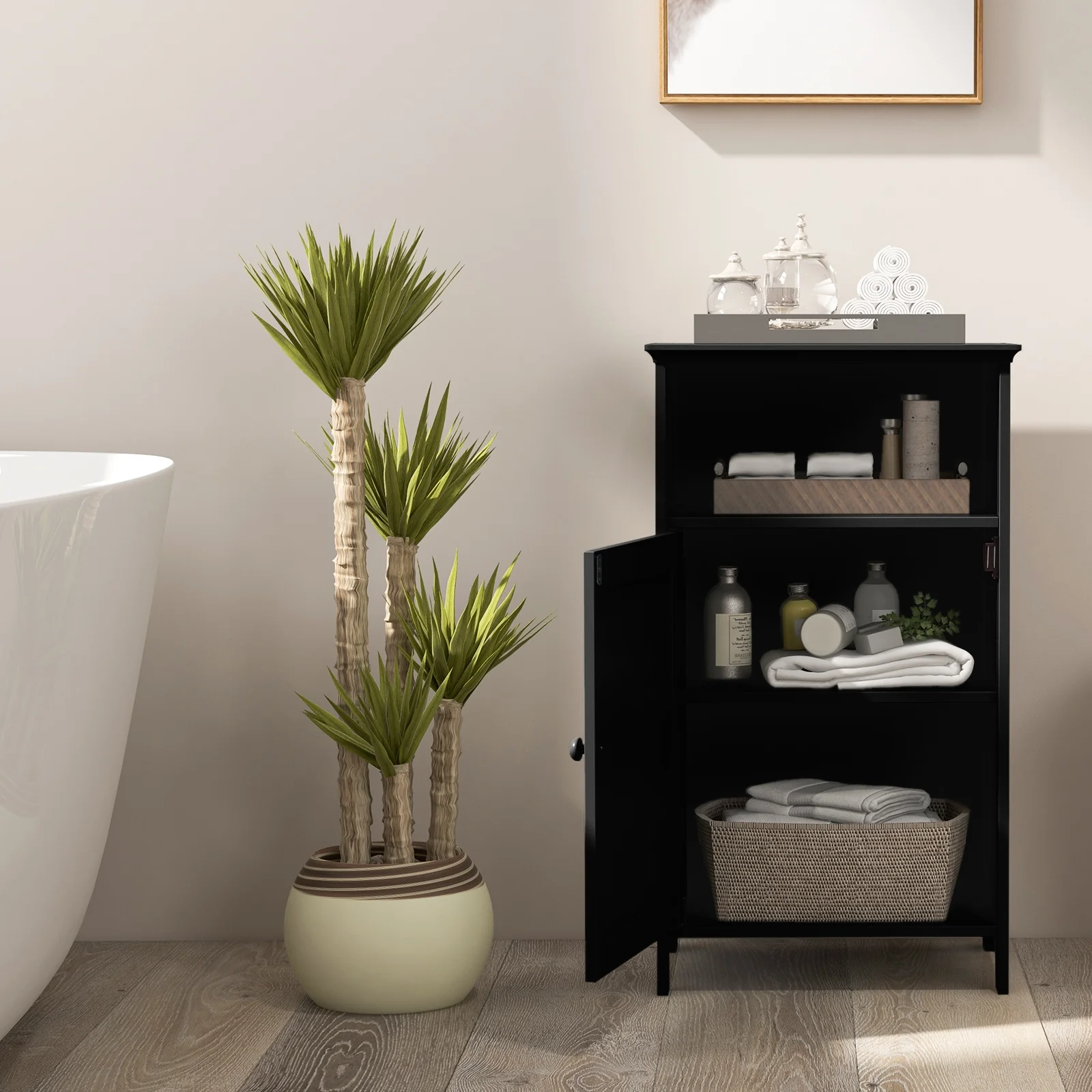 Freestanding Bathroom Floor Storage Cabinet, Adjustable Shelf, Black - Image 3