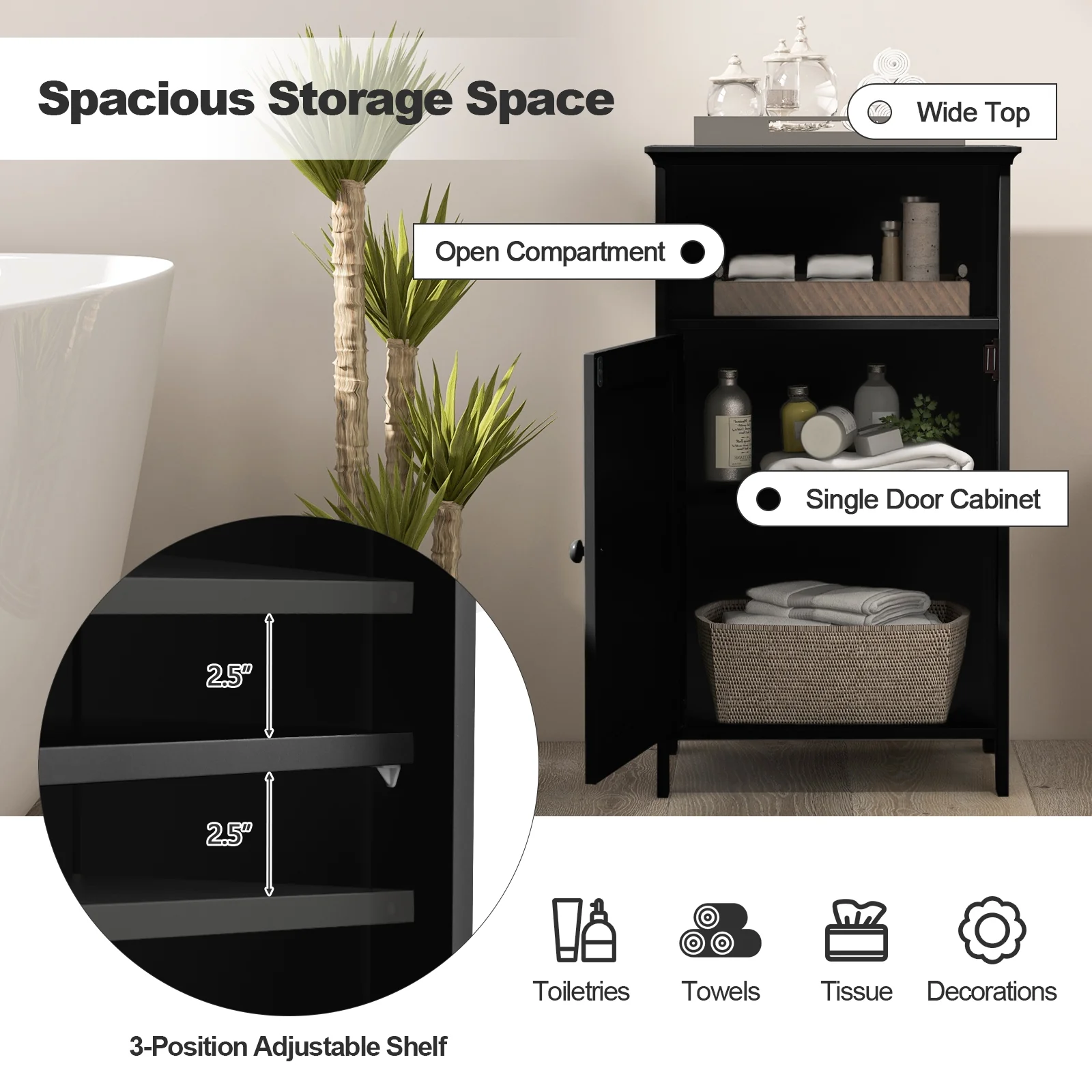 Freestanding Bathroom Floor Storage Cabinet, Adjustable Shelf, Black - Image 8