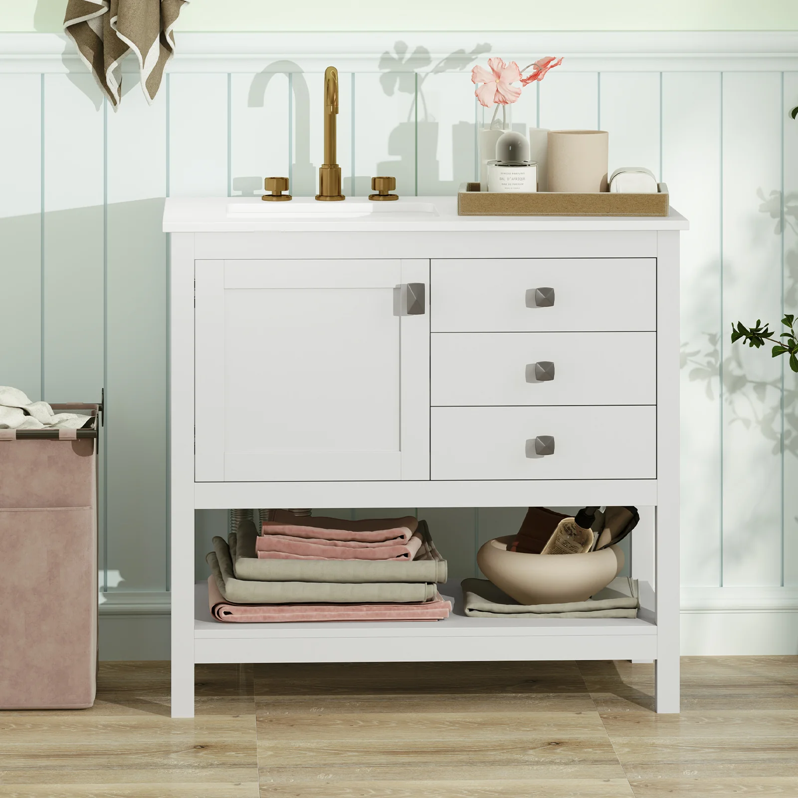 Freestanding Bathroom Vanity With Basin, Floor Storage Cabinet, White - Image 3