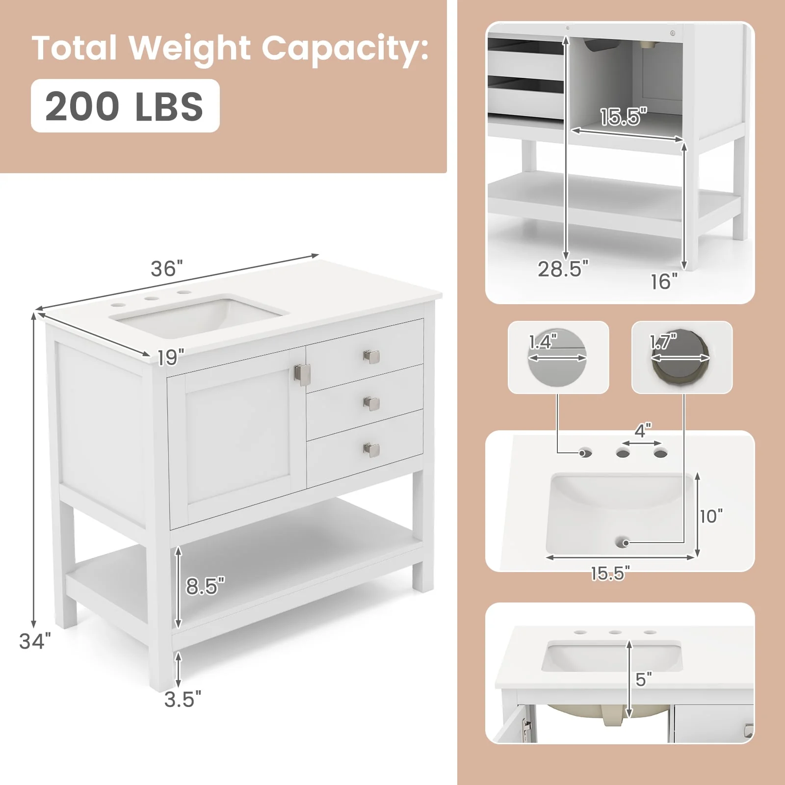 Freestanding Bathroom Vanity With Basin, Floor Storage Cabinet, White - Image 6