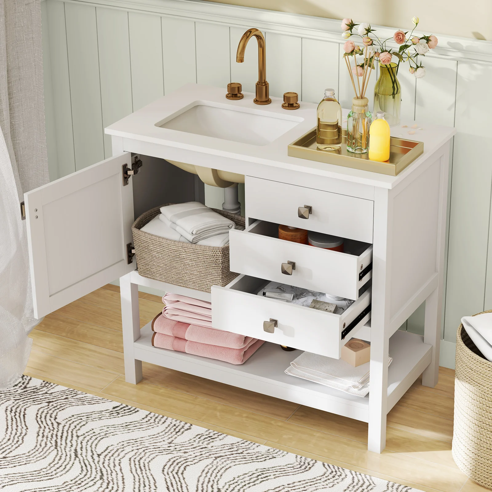 Freestanding Bathroom Vanity With Basin, Floor Storage Cabinet, White - Image 7