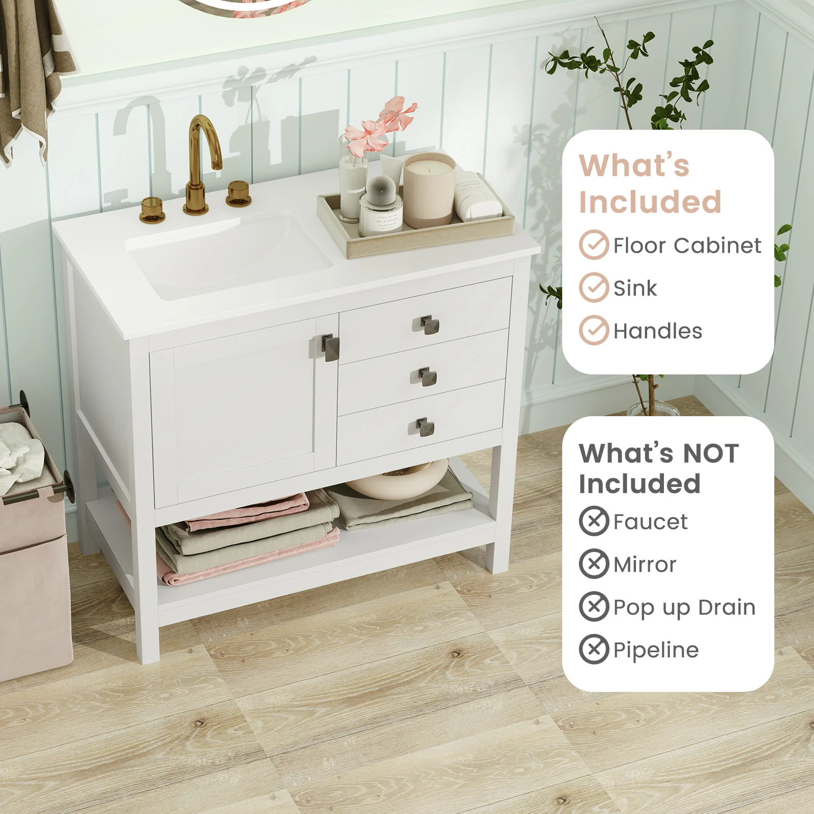 Freestanding Bathroom Vanity With Basin, Floor Storage Cabinet, White - Image 8
