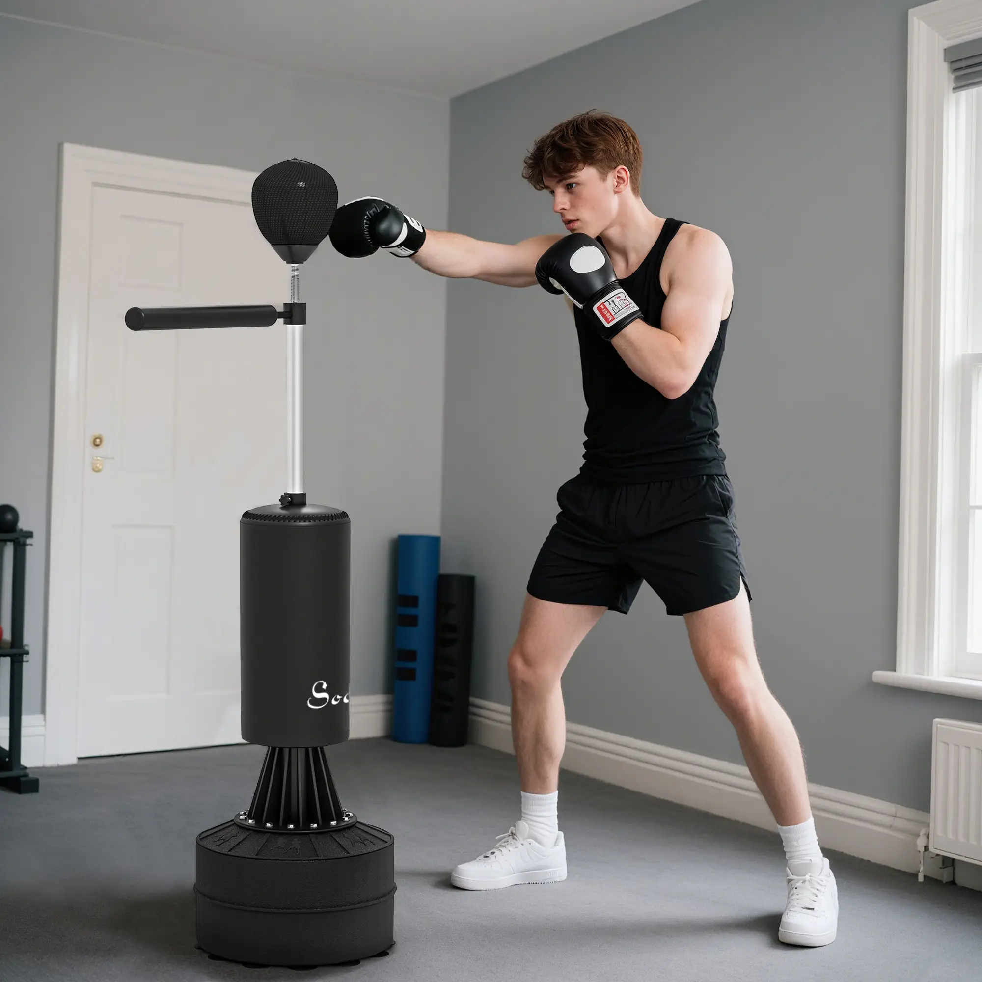 Freestanding Boxing Punch Bag Stand with 360° Rotating Flexible Arm, Speed Ball, Waterable and Sandable Base, Black - Image 8