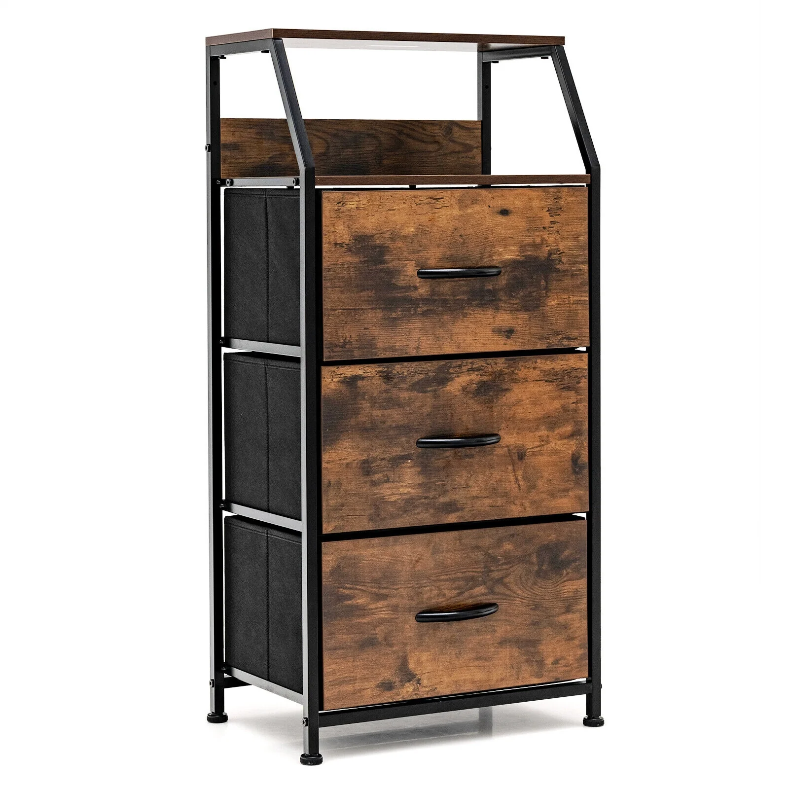 Freestanding Cabinet Dresser With Wooden Top Shelves, M, Rustic Brown