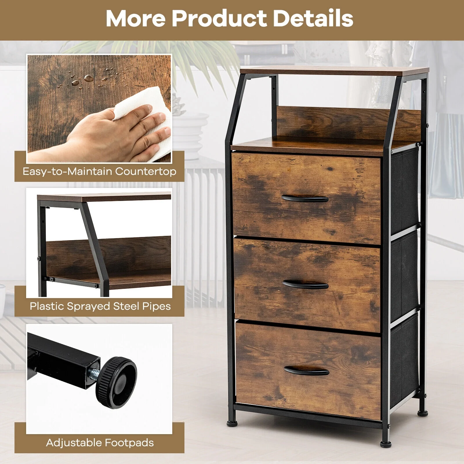 Freestanding Cabinet Dresser With Wooden Top Shelves, M, Rustic Brown - Image 10