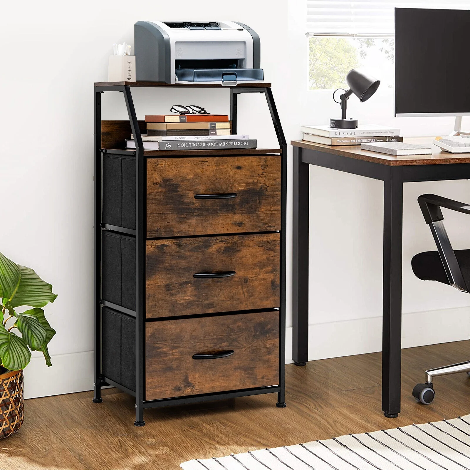 Freestanding Cabinet Dresser With Wooden Top Shelves, M, Rustic Brown - Image 2