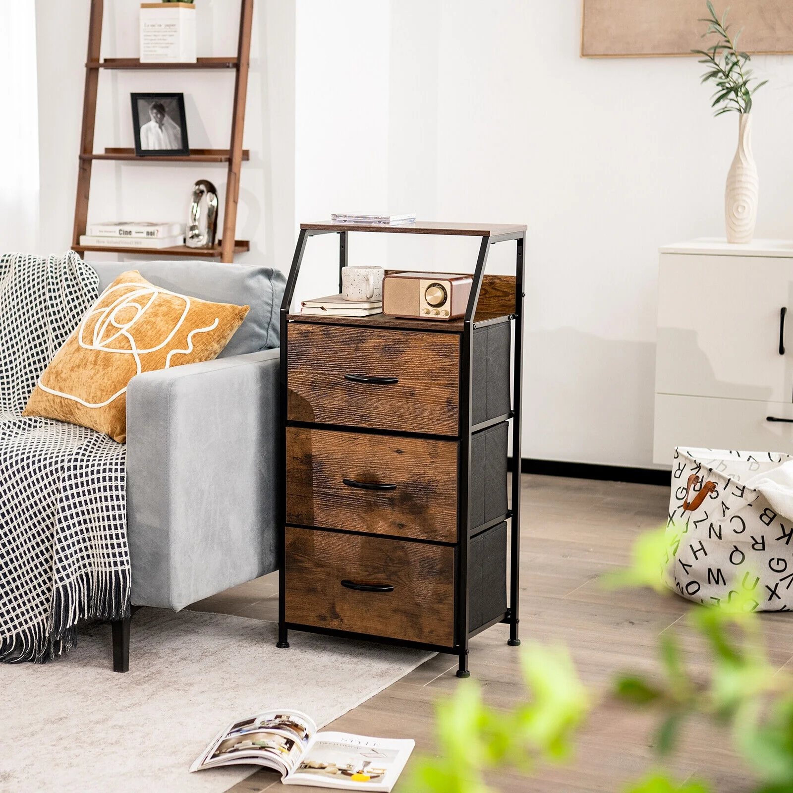 Freestanding Cabinet Dresser With Wooden Top Shelves, M, Rustic Brown - Image 3