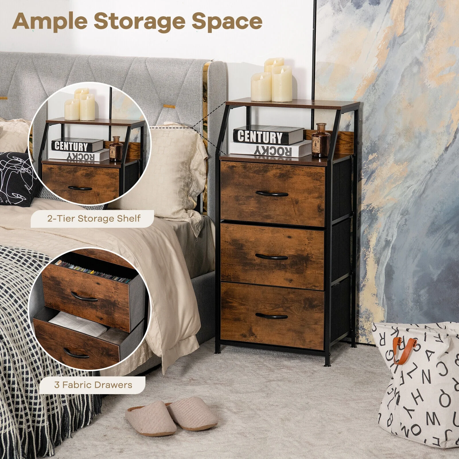 Freestanding Cabinet Dresser With Wooden Top Shelves, M, Rustic Brown - Image 9
