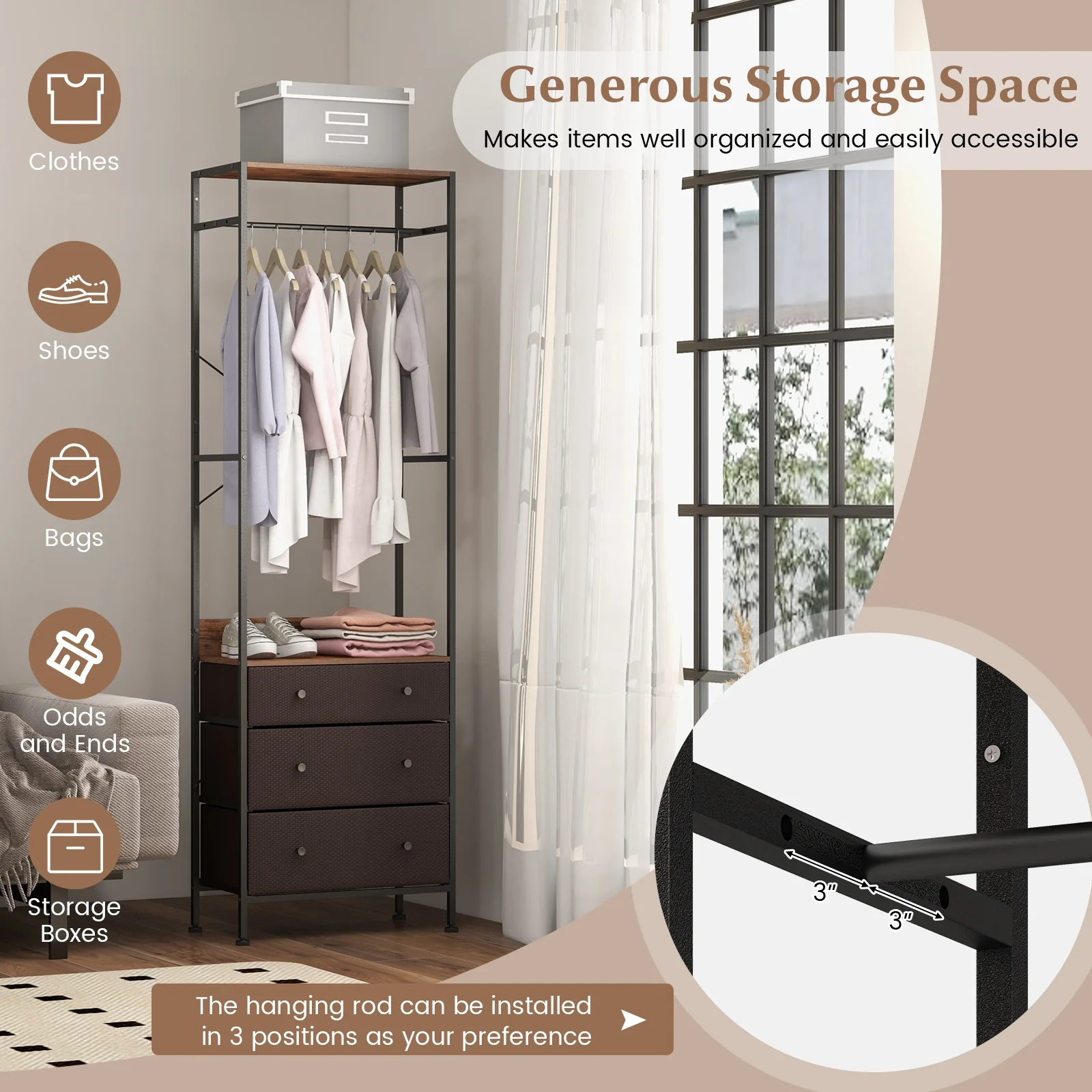 Freestanding Closet Organizer, 3-Position Hanging Rod, Storage Shelves, Brown - Image 10