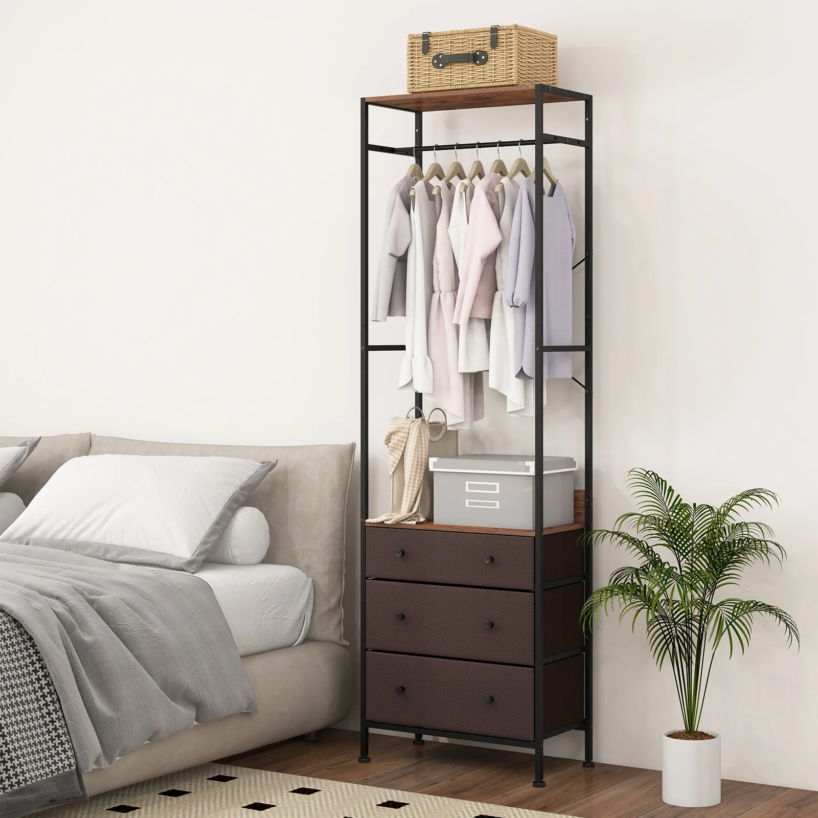Freestanding Closet Organizer, 3-Position Hanging Rod, Storage Shelves, Brown - Image 2
