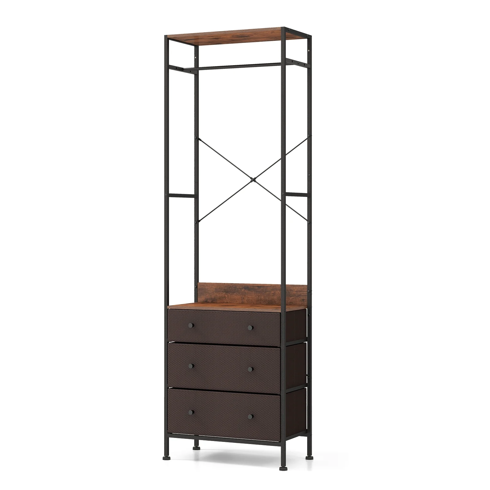 Freestanding Closet Organizer, 3-Position Hanging Rod, Storage Shelves, Brown - Image 4