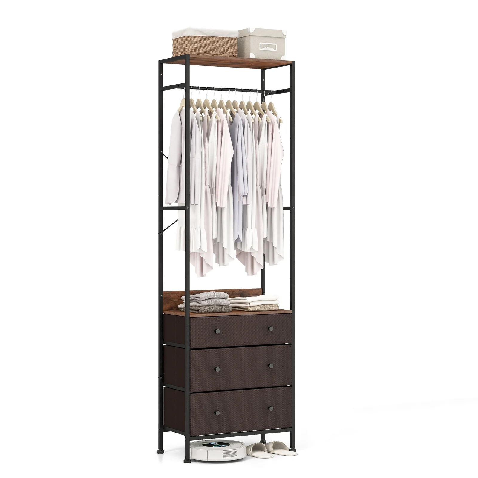 Freestanding Closet Organizer, 3-Position Hanging Rod, Storage Shelves, Brown - Image 5