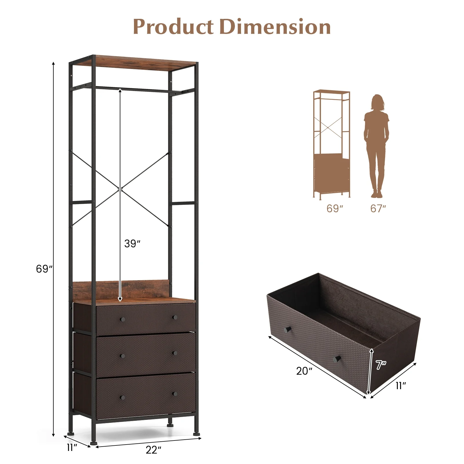 Freestanding Closet Organizer, 3-Position Hanging Rod, Storage Shelves, Brown - Image 6