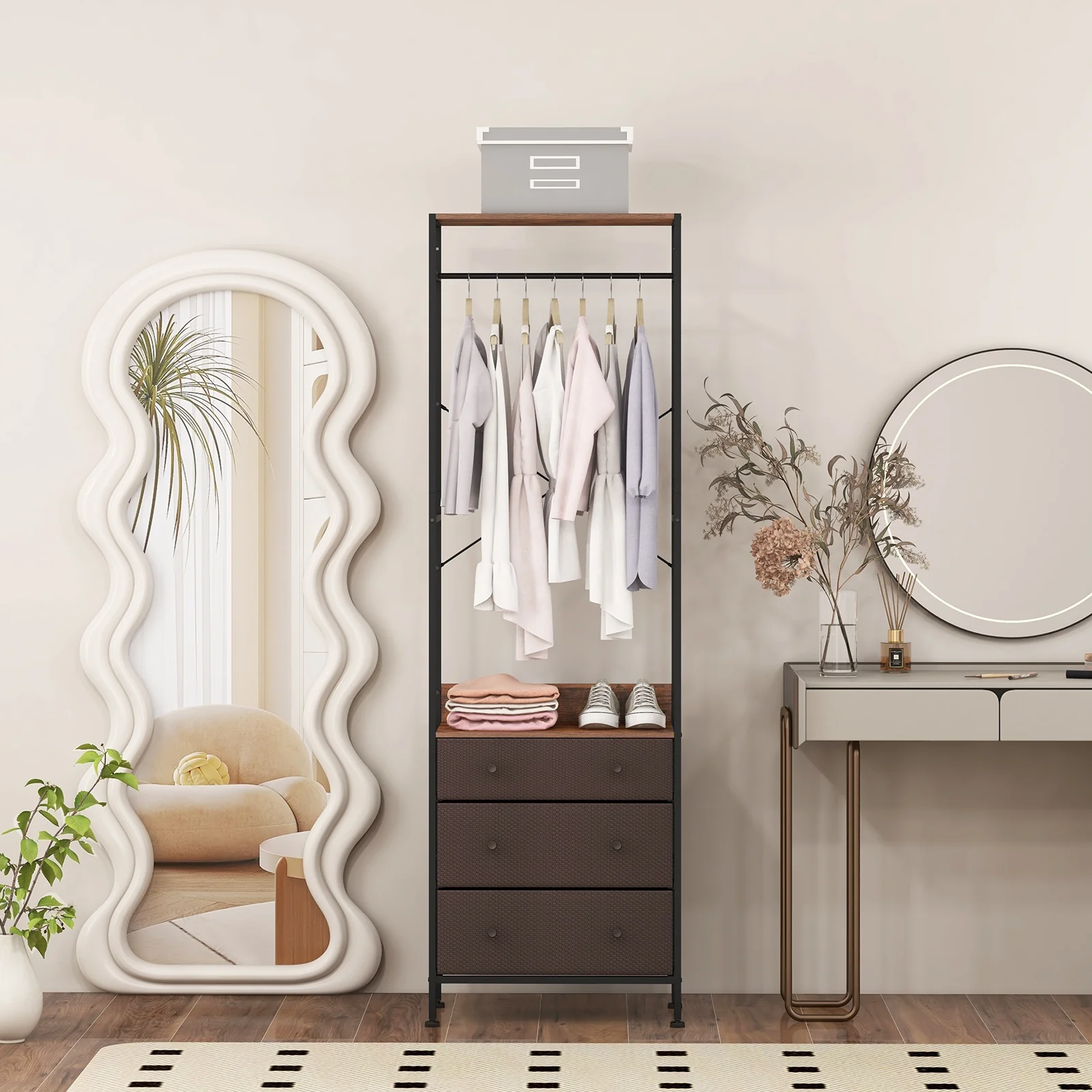 Freestanding Closet Organizer, 3-Position Hanging Rod, Storage Shelves, Brown - Image 8