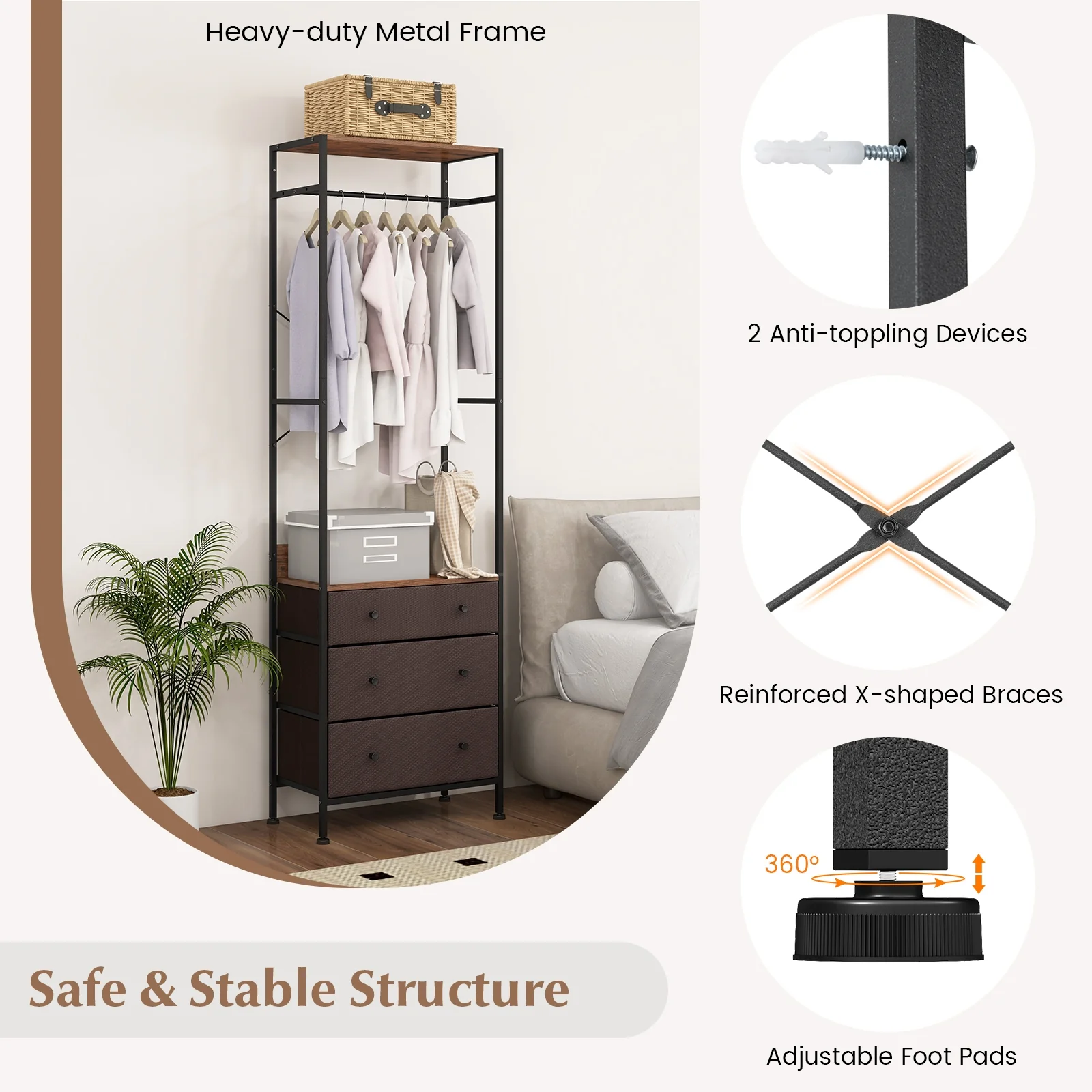 Freestanding Closet Organizer, 3-Position Hanging Rod, Storage Shelves, Brown - Image 9