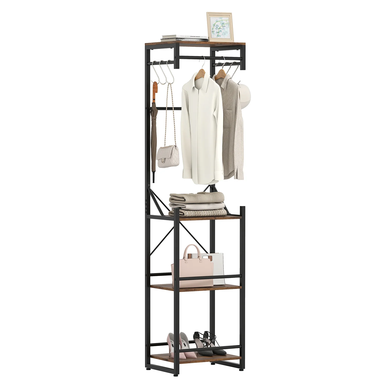 Freestanding Coat Rack, 4 Storage Shelves, 6 Hooks, Brown