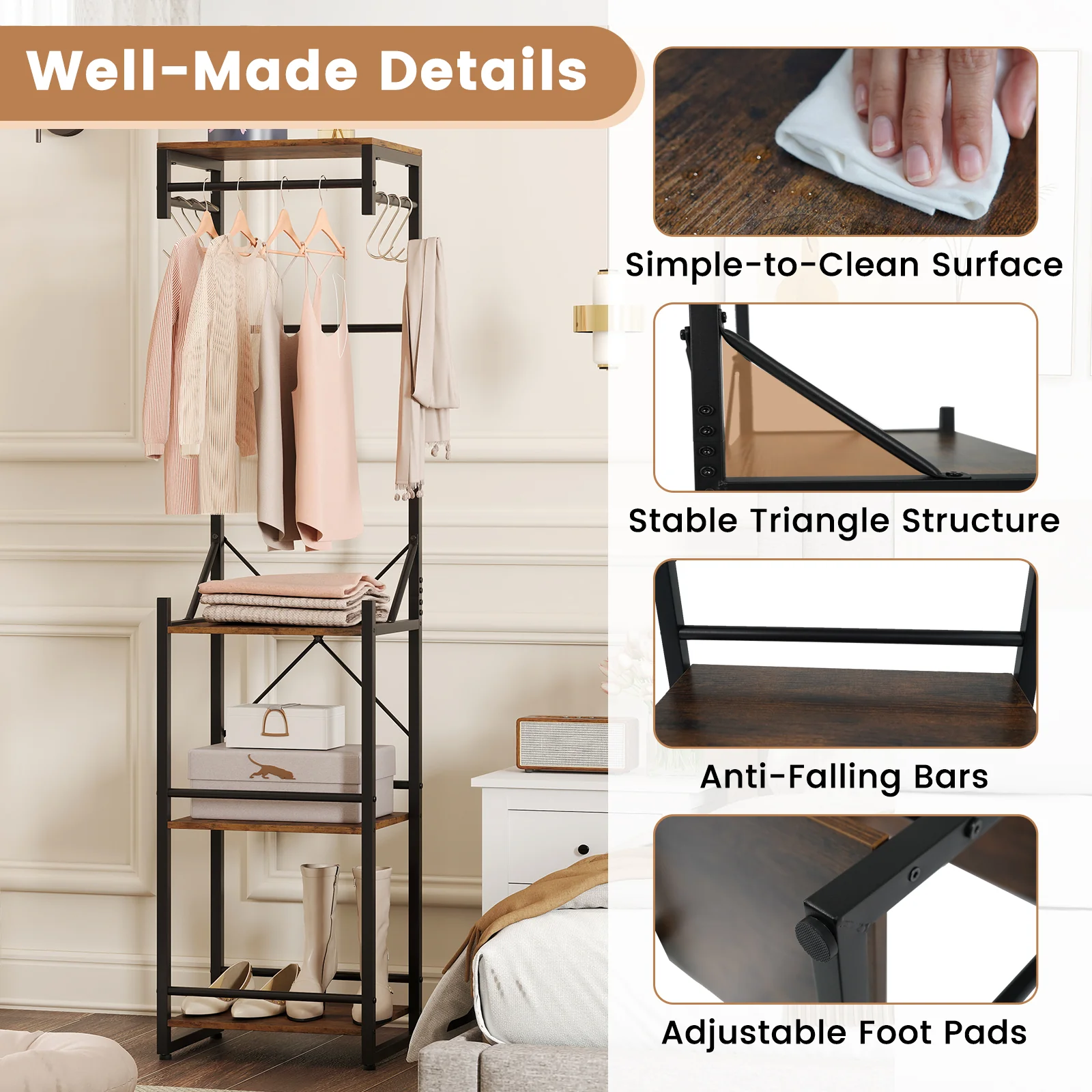 Freestanding Coat Rack, 4 Storage Shelves, 6 Hooks, Brown - Image 10
