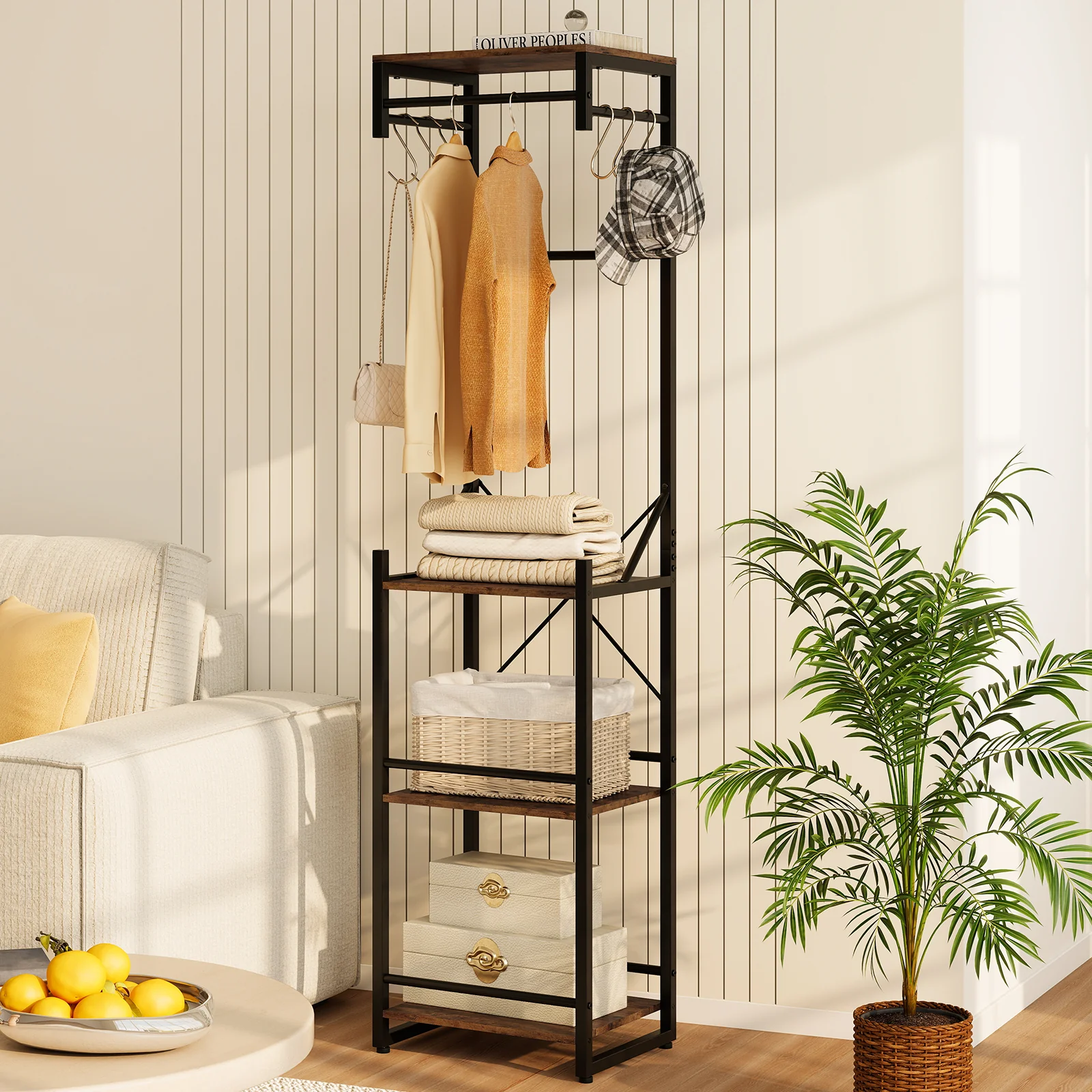 Freestanding Coat Rack, 4 Storage Shelves, 6 Hooks, Brown - Image 2