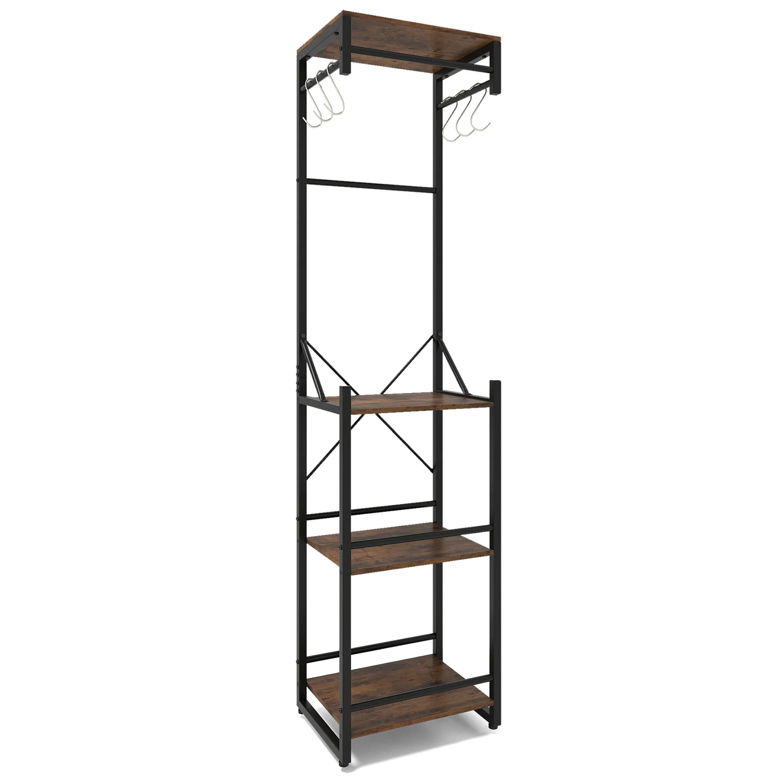 Freestanding Coat Rack, 4 Storage Shelves, 6 Hooks, Brown - Image 4