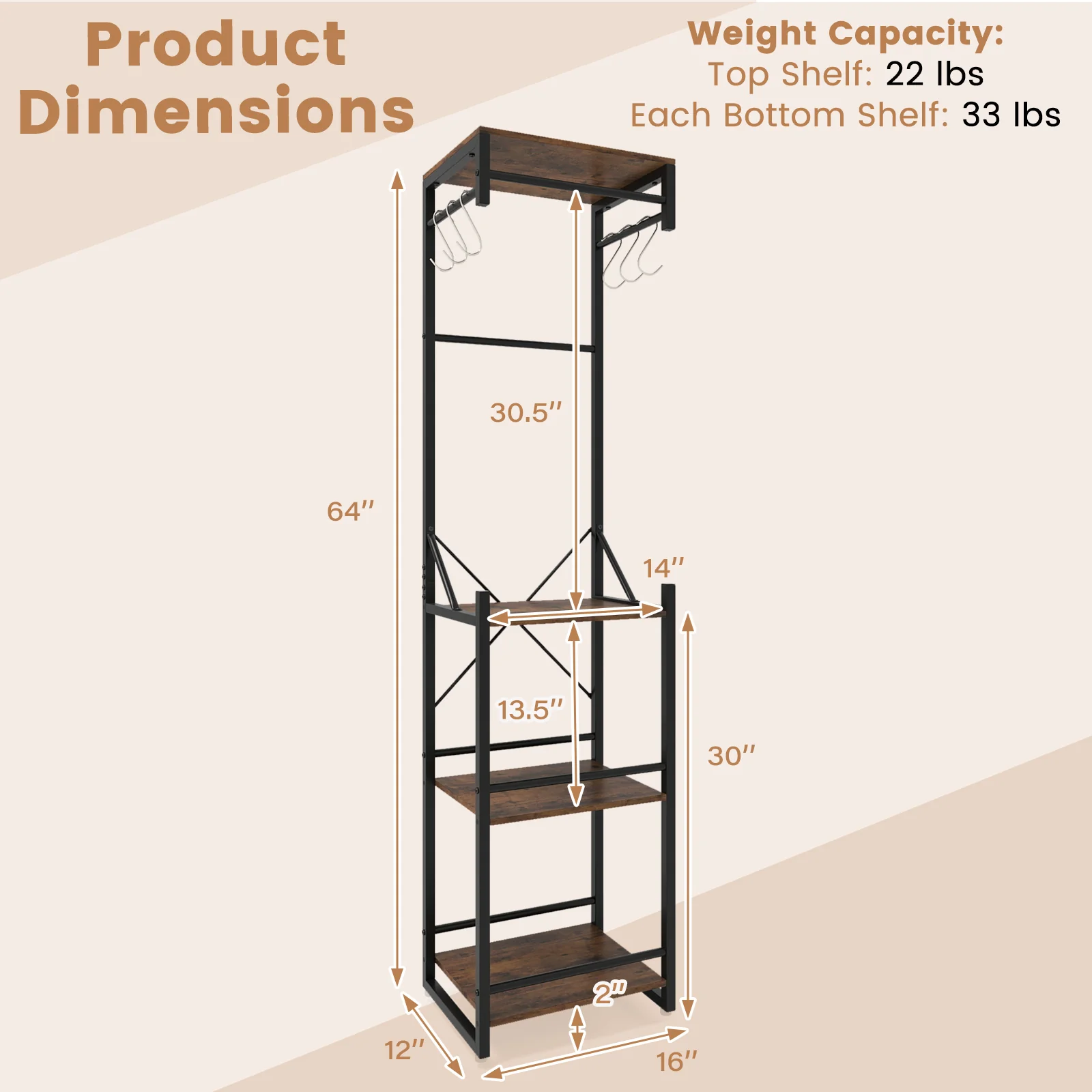 Freestanding Coat Rack, 4 Storage Shelves, 6 Hooks, Brown - Image 5