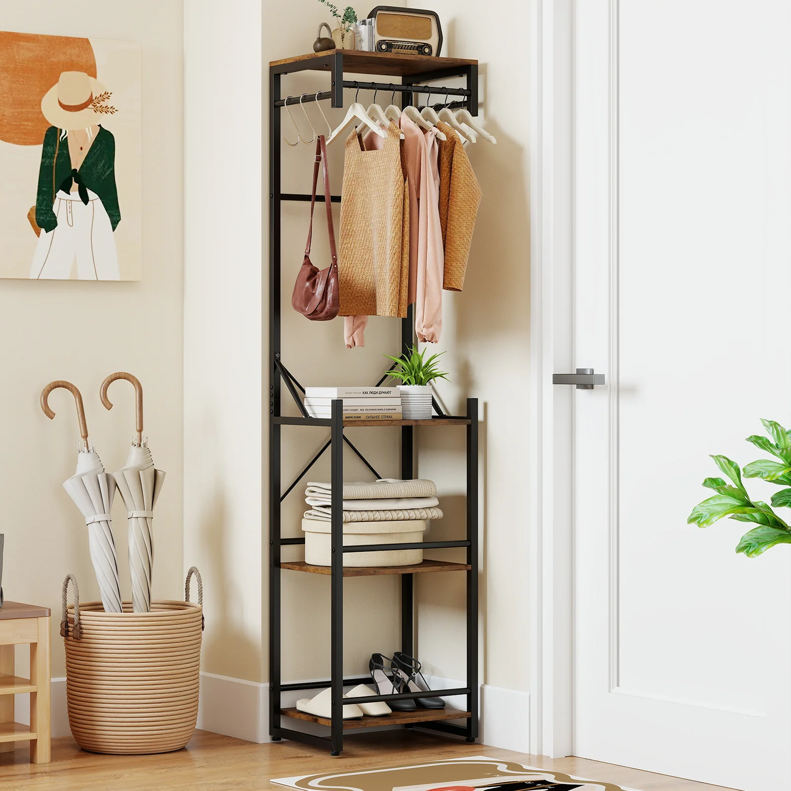 Freestanding Coat Rack, 4 Storage Shelves, 6 Hooks, Brown - Image 6